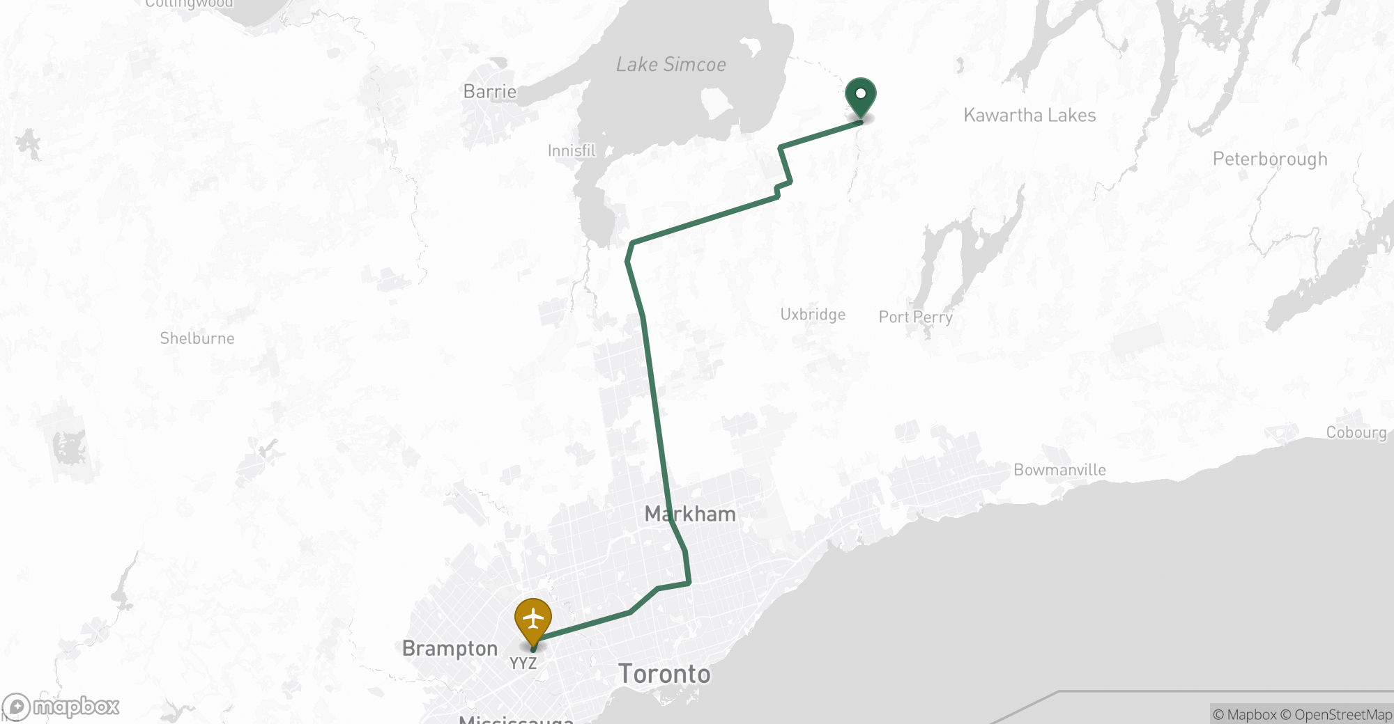 Driving route map from Cannington to Toronto Pearson (YYZ) airport