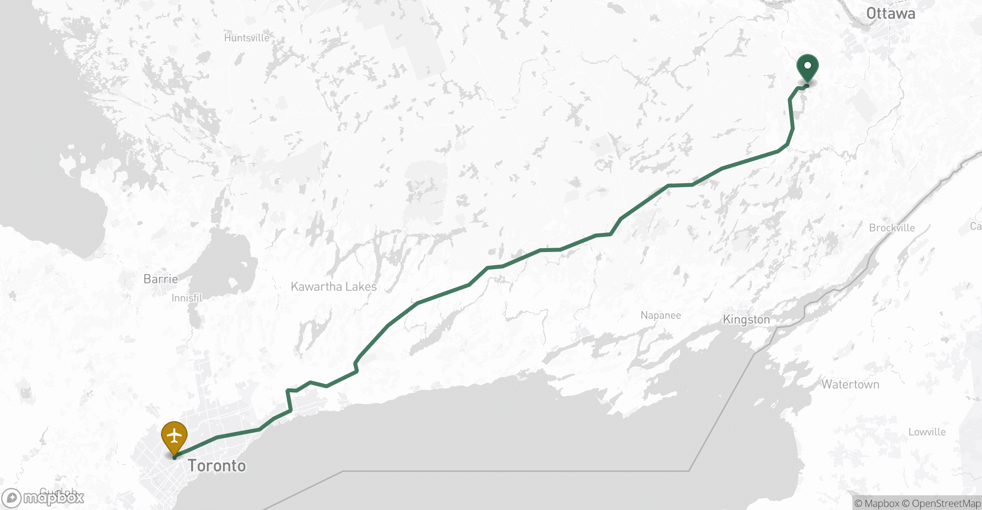 Driving route map from Carleton Place to Toronto Pearson (YYZ) airport