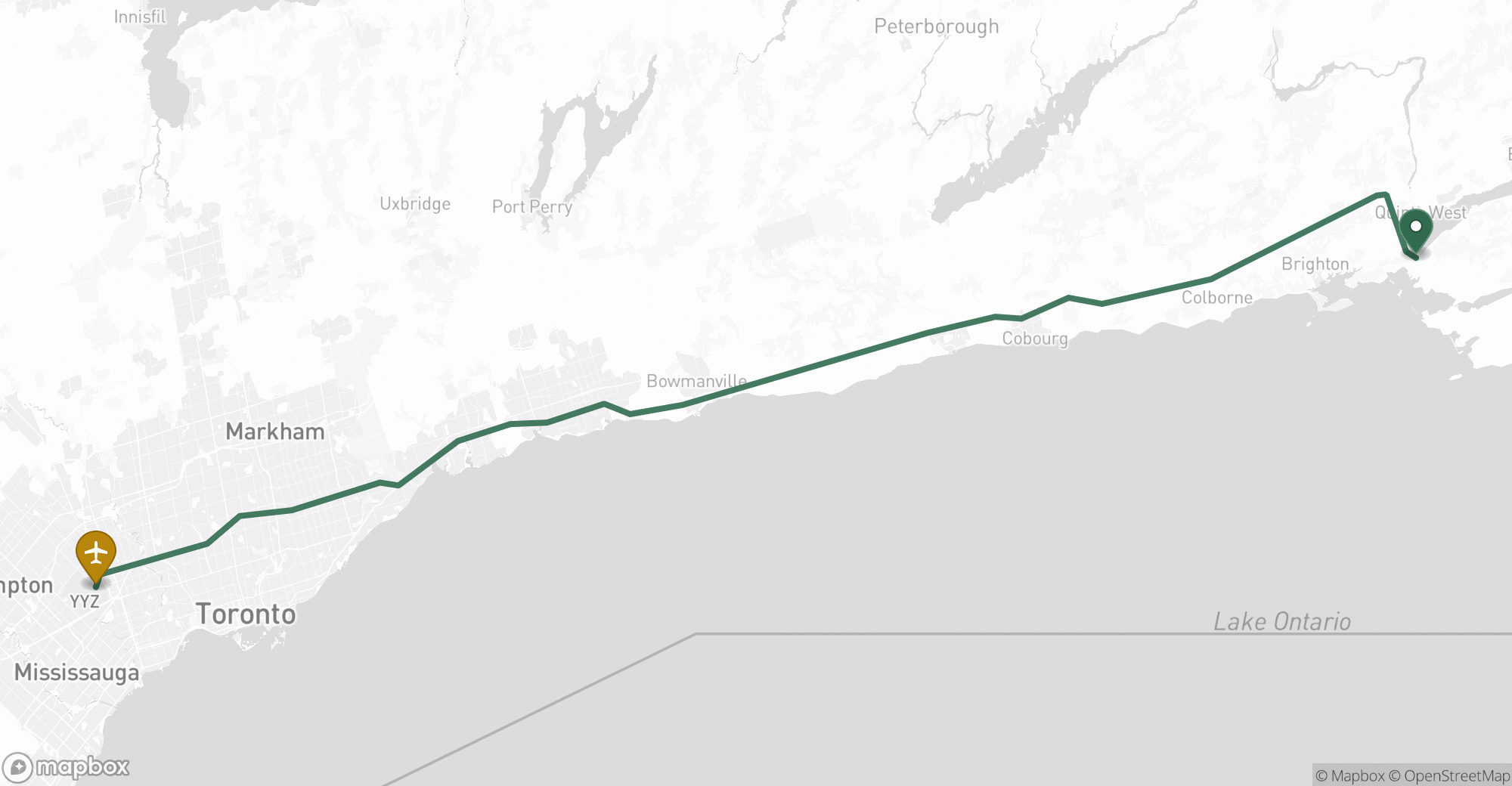 Driving route map from Carrying Place to Toronto Pearson (YYZ) airport