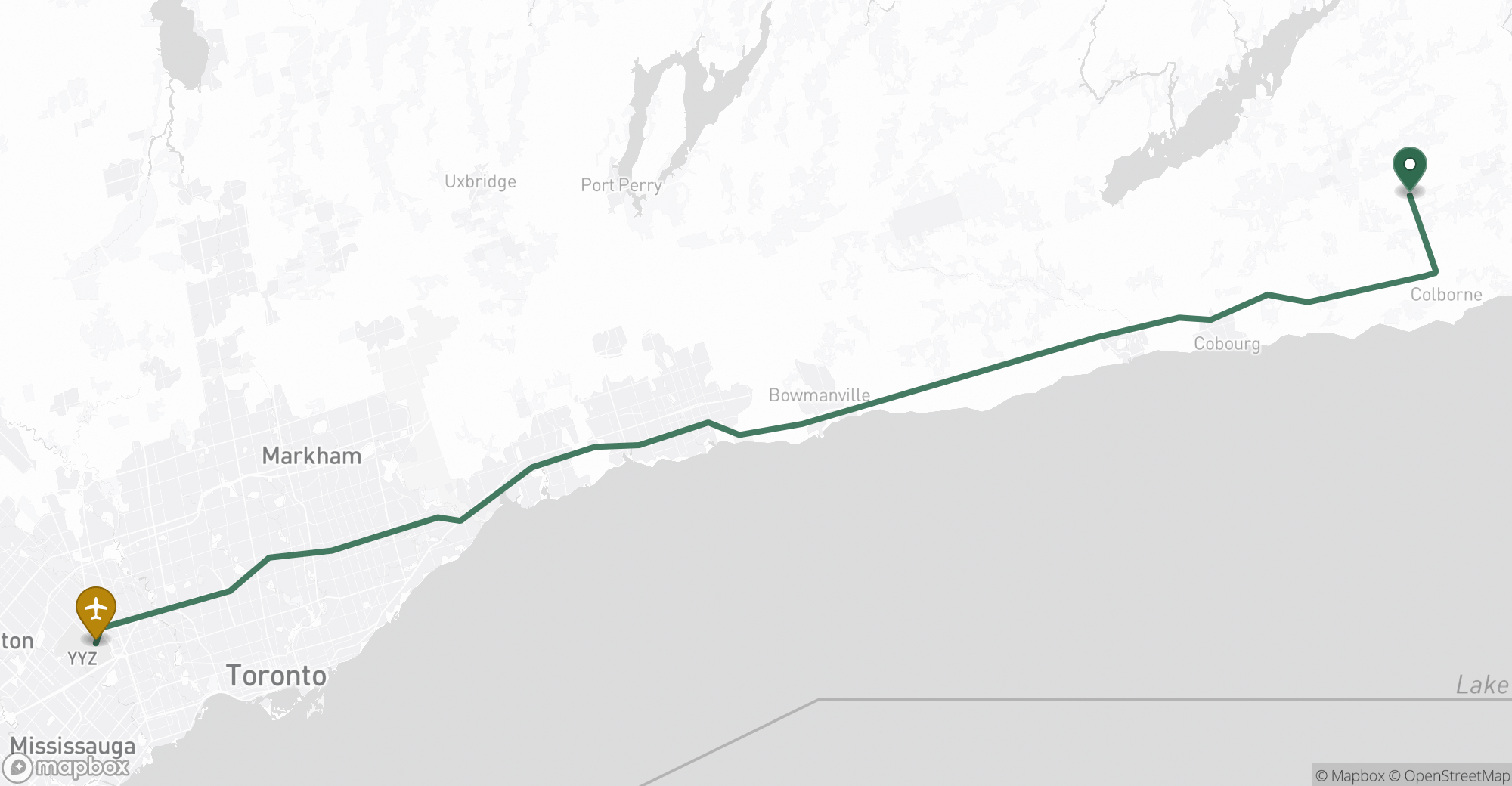 Driving route map from Castleton to Toronto Pearson (YYZ) airport