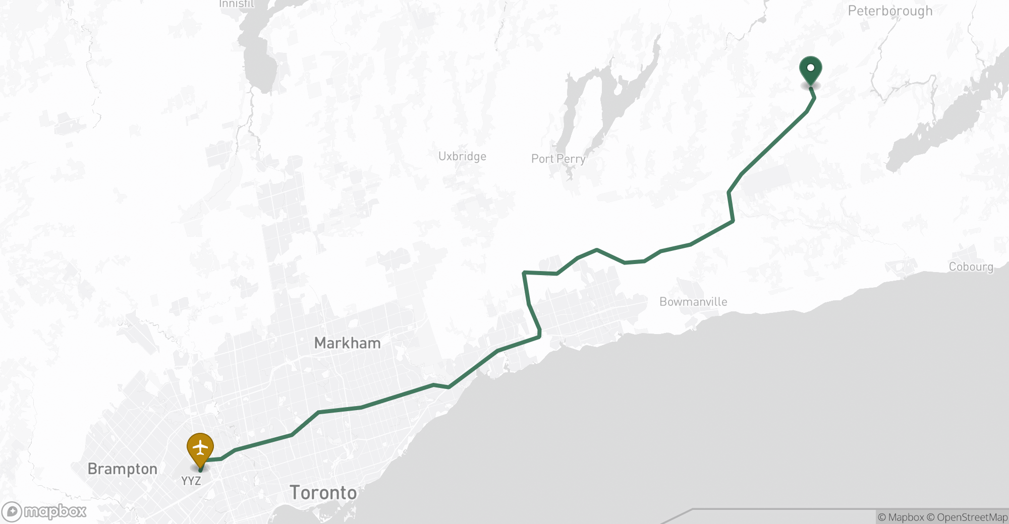 Driving route map from Cavan to Toronto Pearson (YYZ) airport