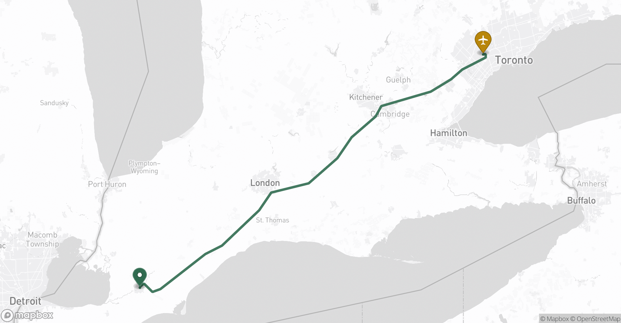 Driving route map from Chatham to Toronto Pearson (YYZ) airport
