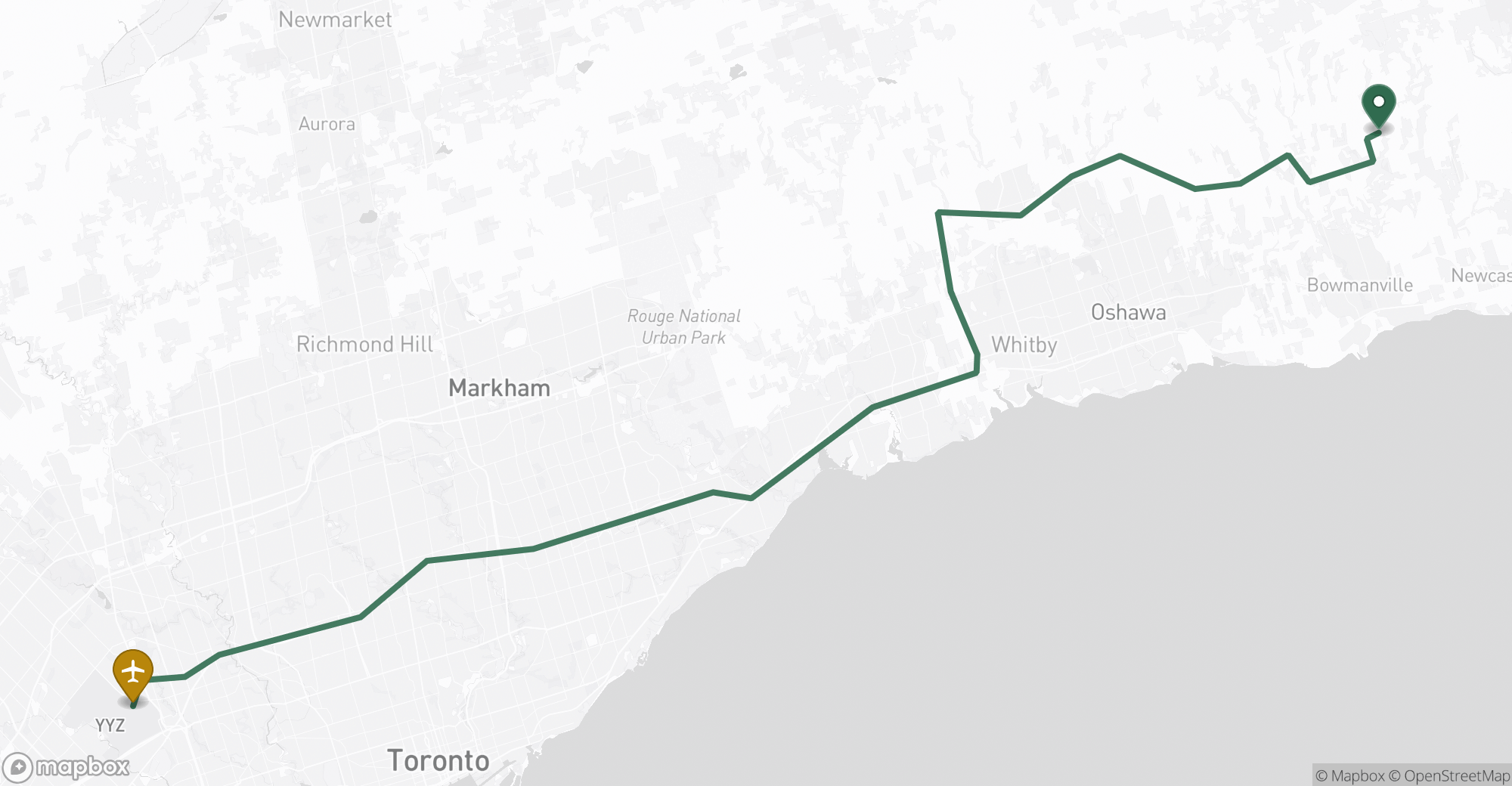 Driving route map from Clarington to Toronto Pearson (YYZ) airport