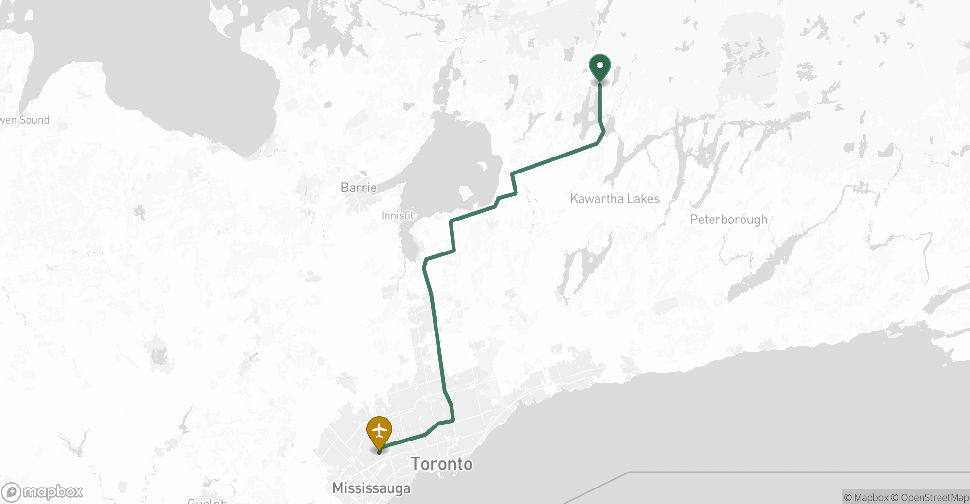 Driving route map from Coboconk to Toronto Pearson (YYZ) airport