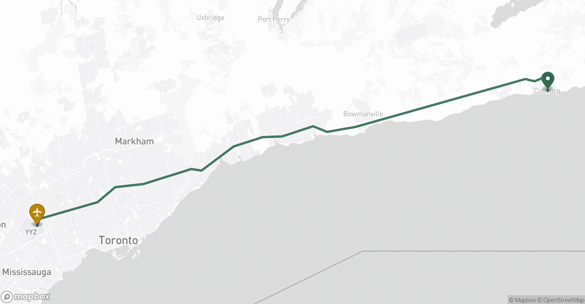 Driving route map from Cobourg to Toronto Pearson (YYZ) airport