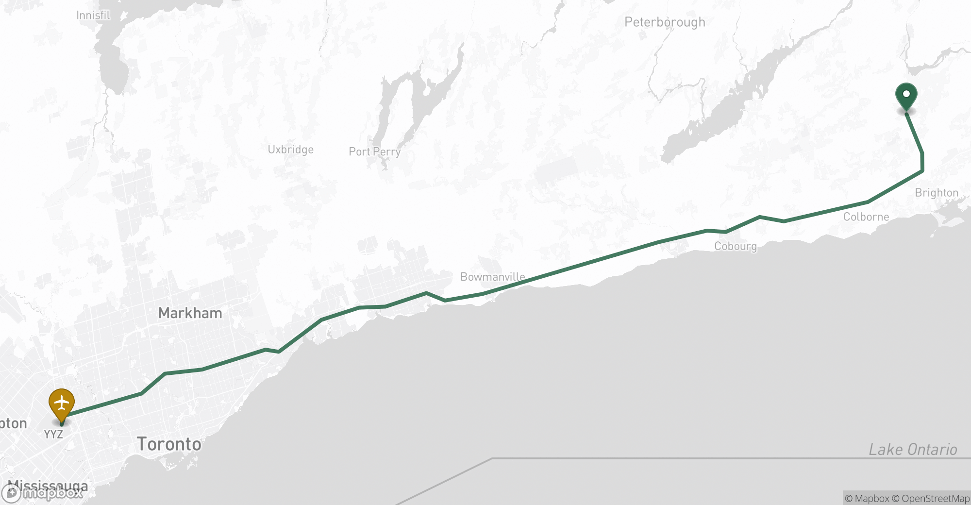 Driving route map from Codrington to Toronto Pearson (YYZ) airport