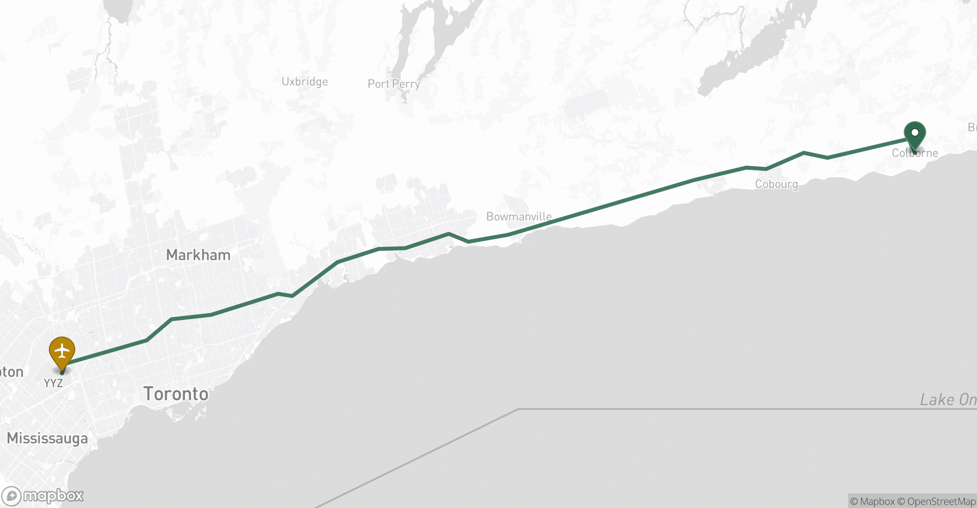 Driving route map from Colborne to Toronto Pearson (YYZ) airport