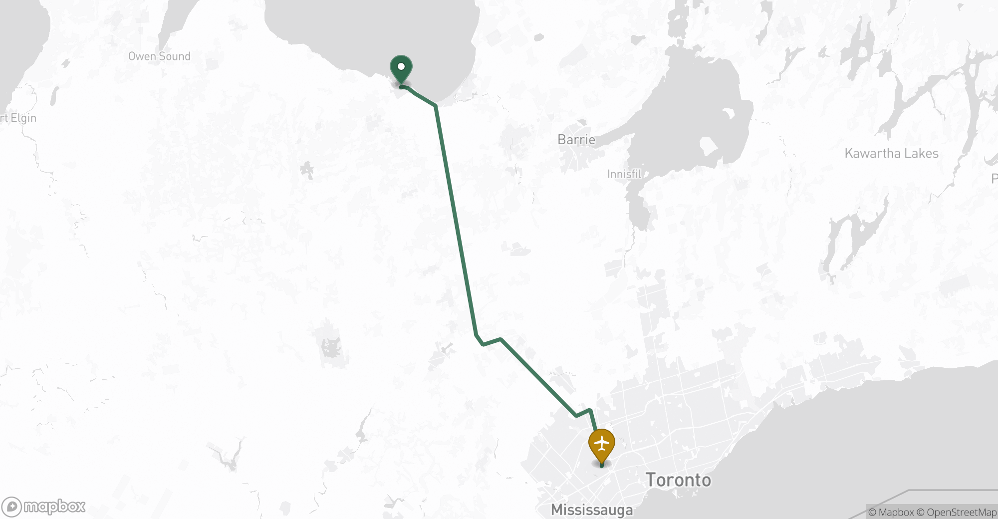 Driving route map from Collingwood to Toronto Pearson (YYZ) airport