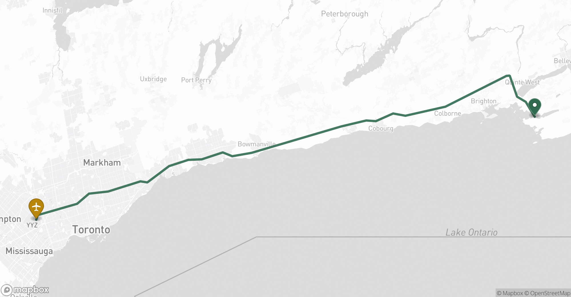 Driving route map from Consecon to Toronto Pearson (YYZ) airport