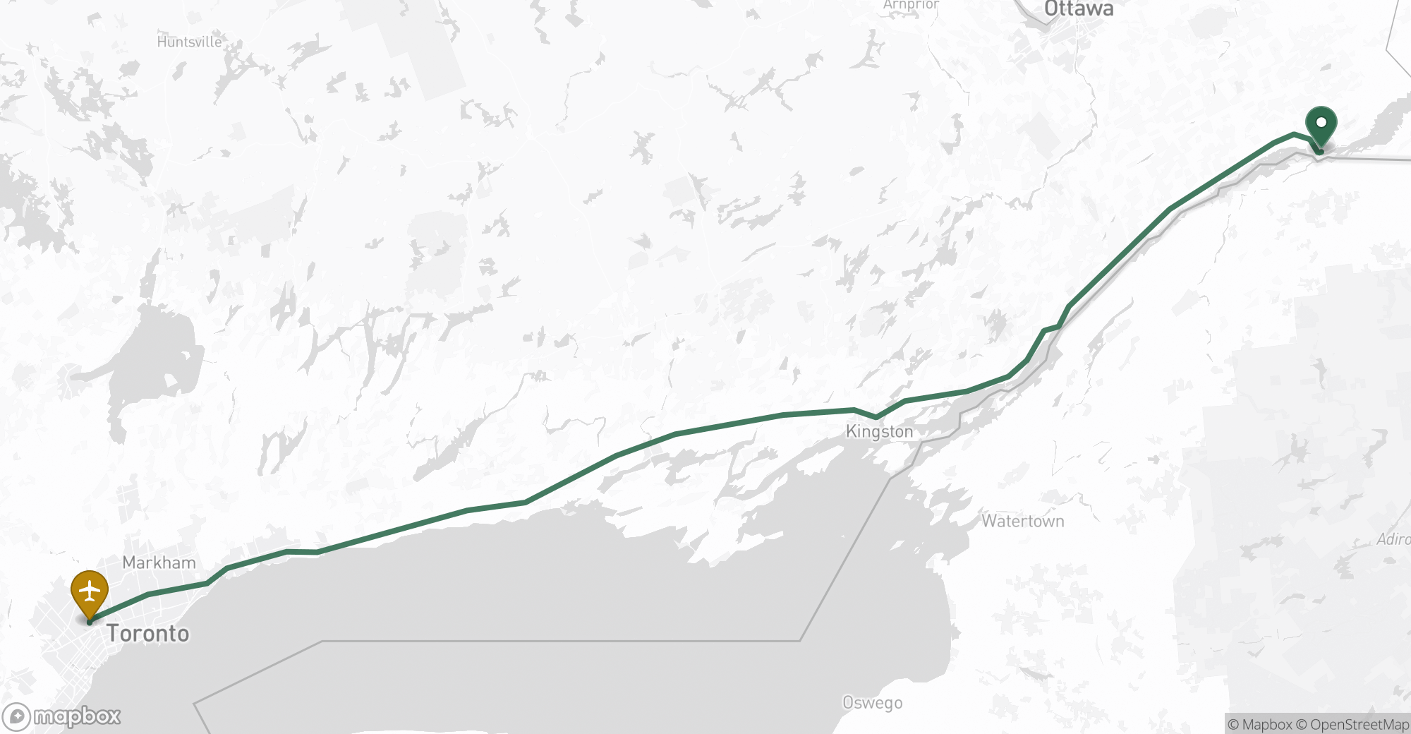 Driving route map from Cornwall to Toronto Pearson (YYZ) airport
