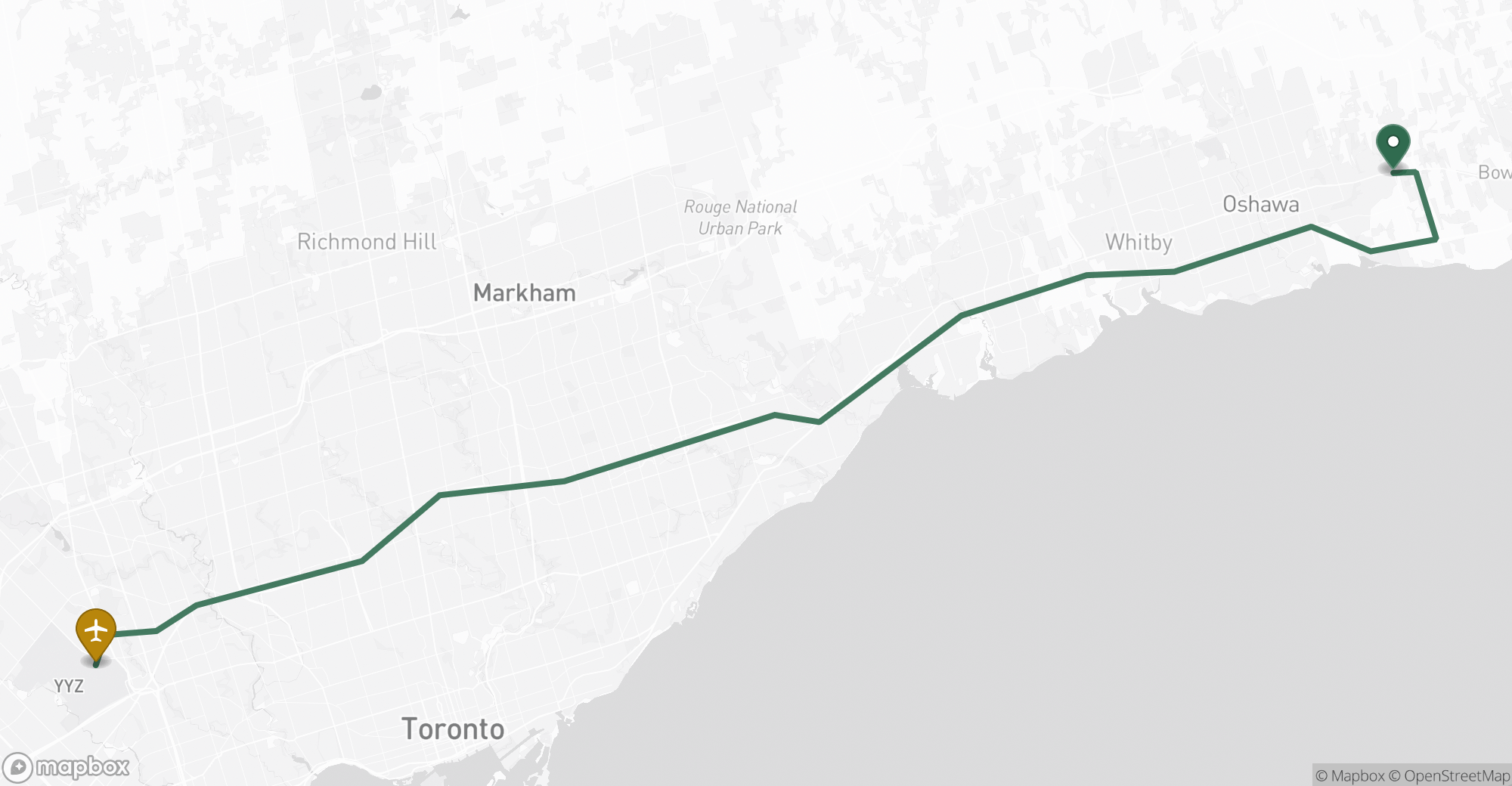 Driving route map from Courtice to Toronto Pearson (YYZ) airport