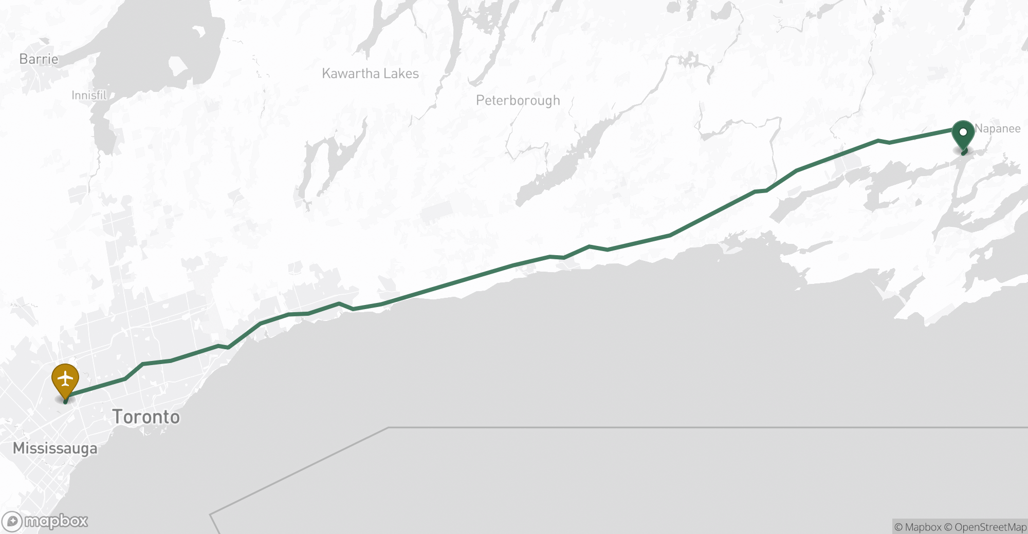 Driving route map from Deseronto to Toronto Pearson (YYZ) airport