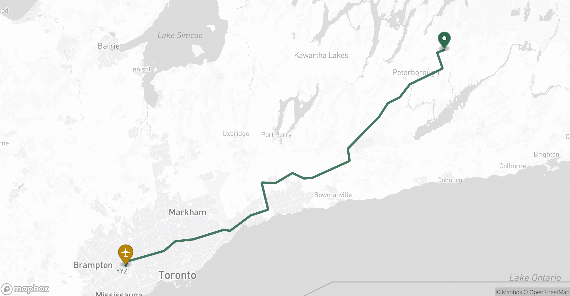 Driving route map from Douro to Toronto Pearson (YYZ) airport