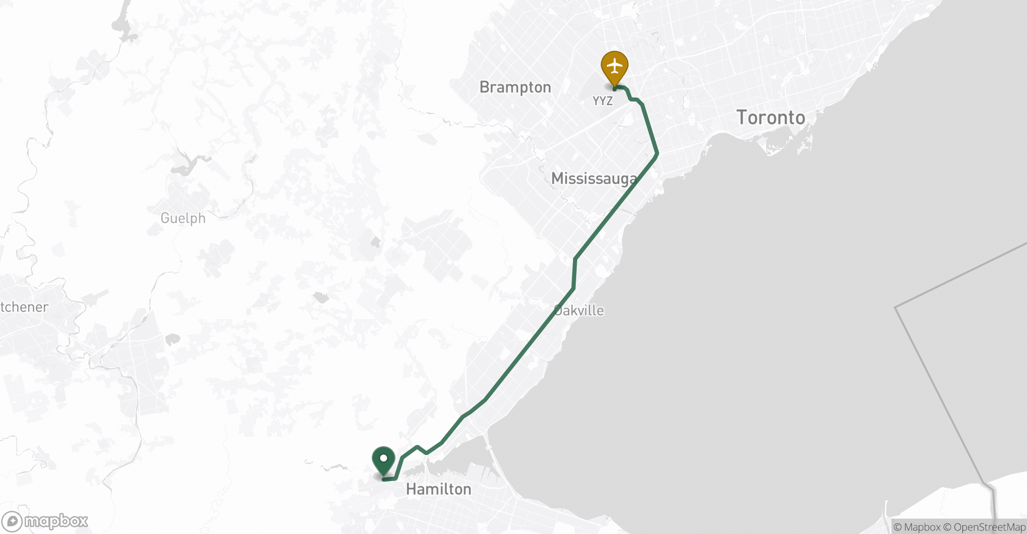 Driving route map from Dundas to Toronto Pearson (YYZ) airport