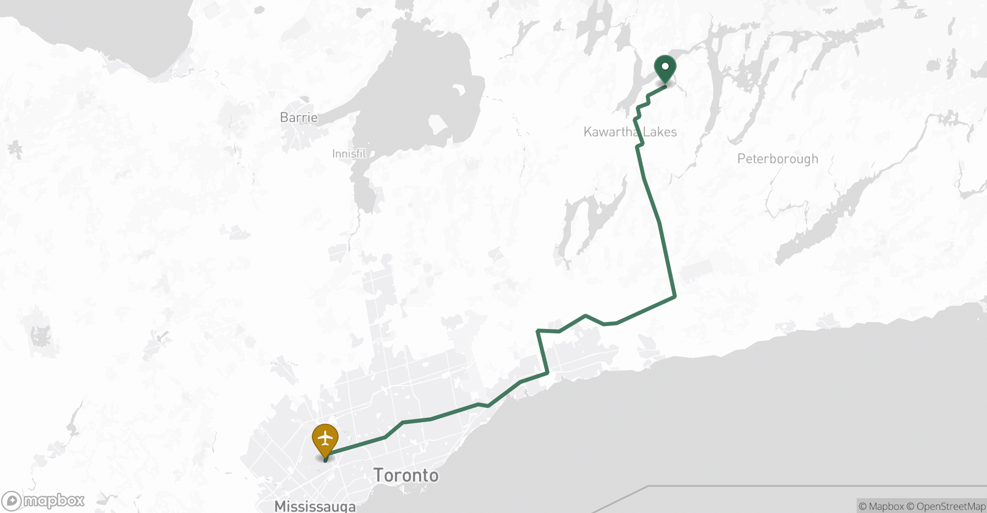 Driving route map from Dunsford to Toronto Pearson (YYZ) airport