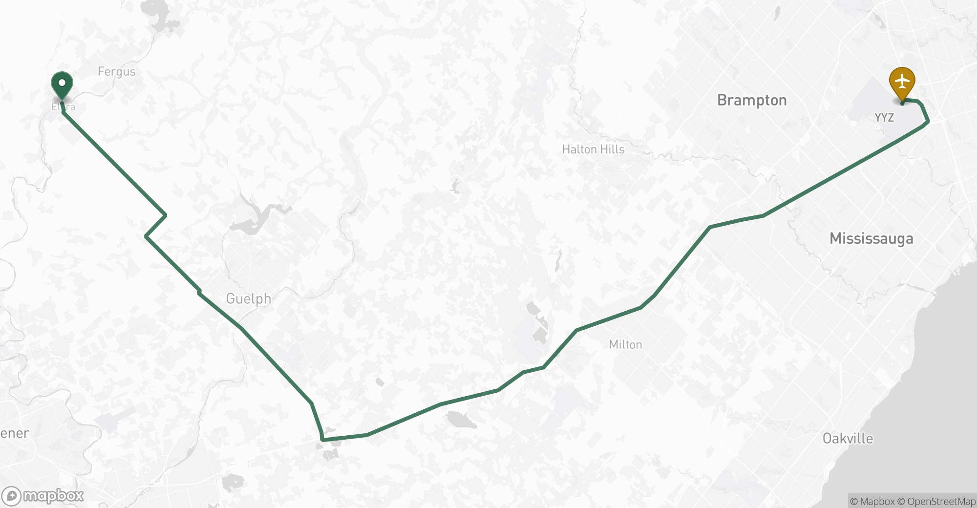 Driving route map from Elora to Toronto Pearson (YYZ) airport