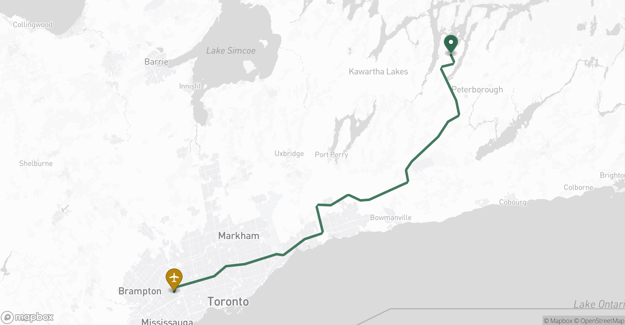 Driving route map from Ennismore to Toronto Pearson (YYZ) airport