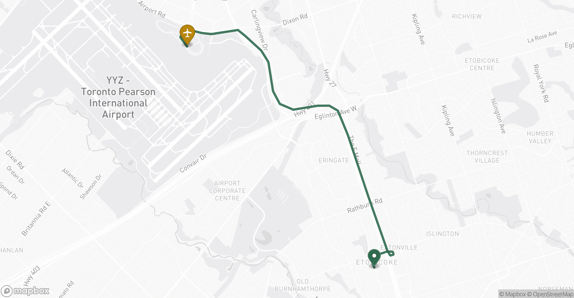 Driving route map from Etobicoke to Toronto Pearson (YYZ) airport