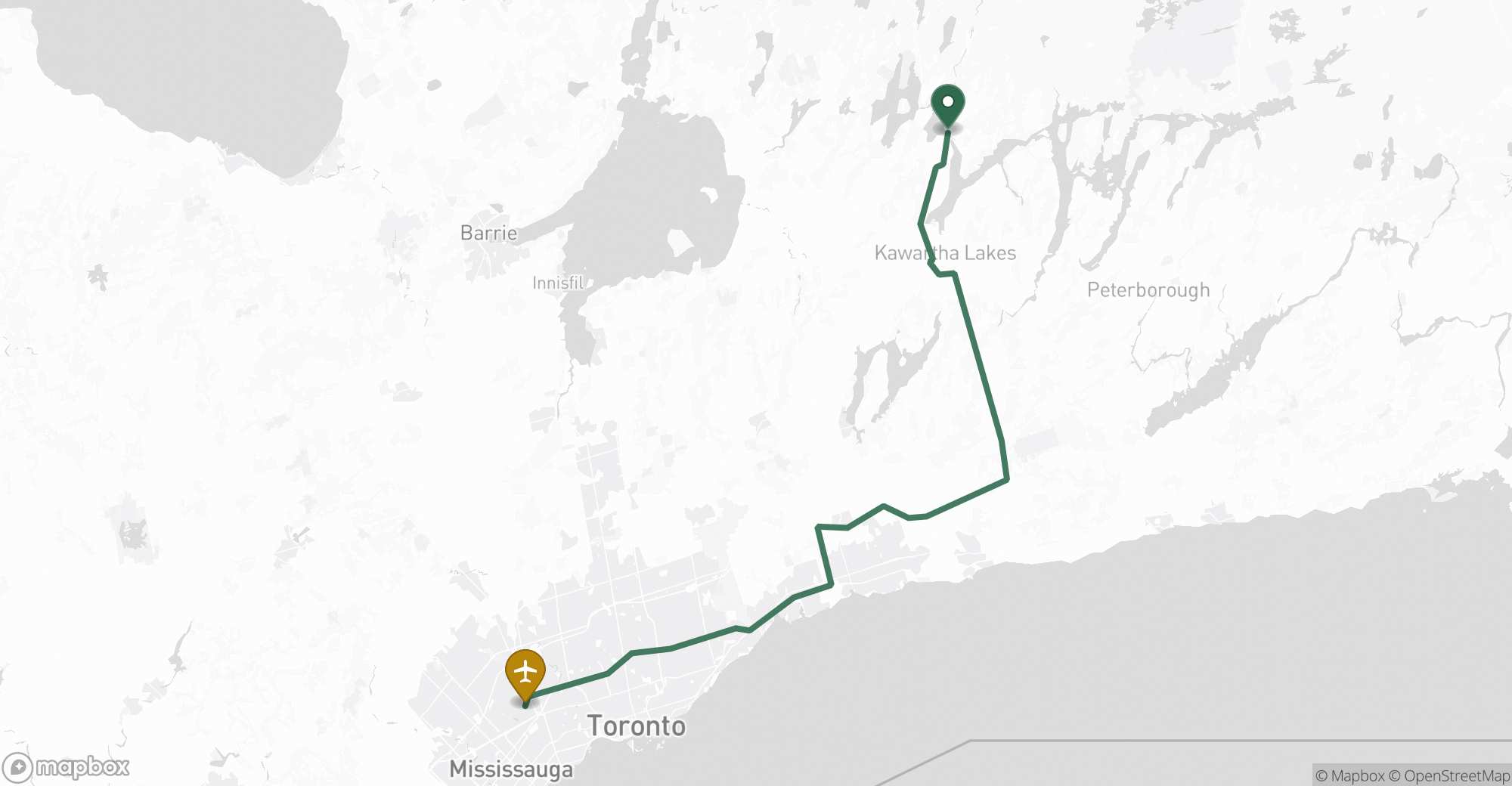 Driving route map from Fenelon Falls to Toronto Pearson (YYZ) airport