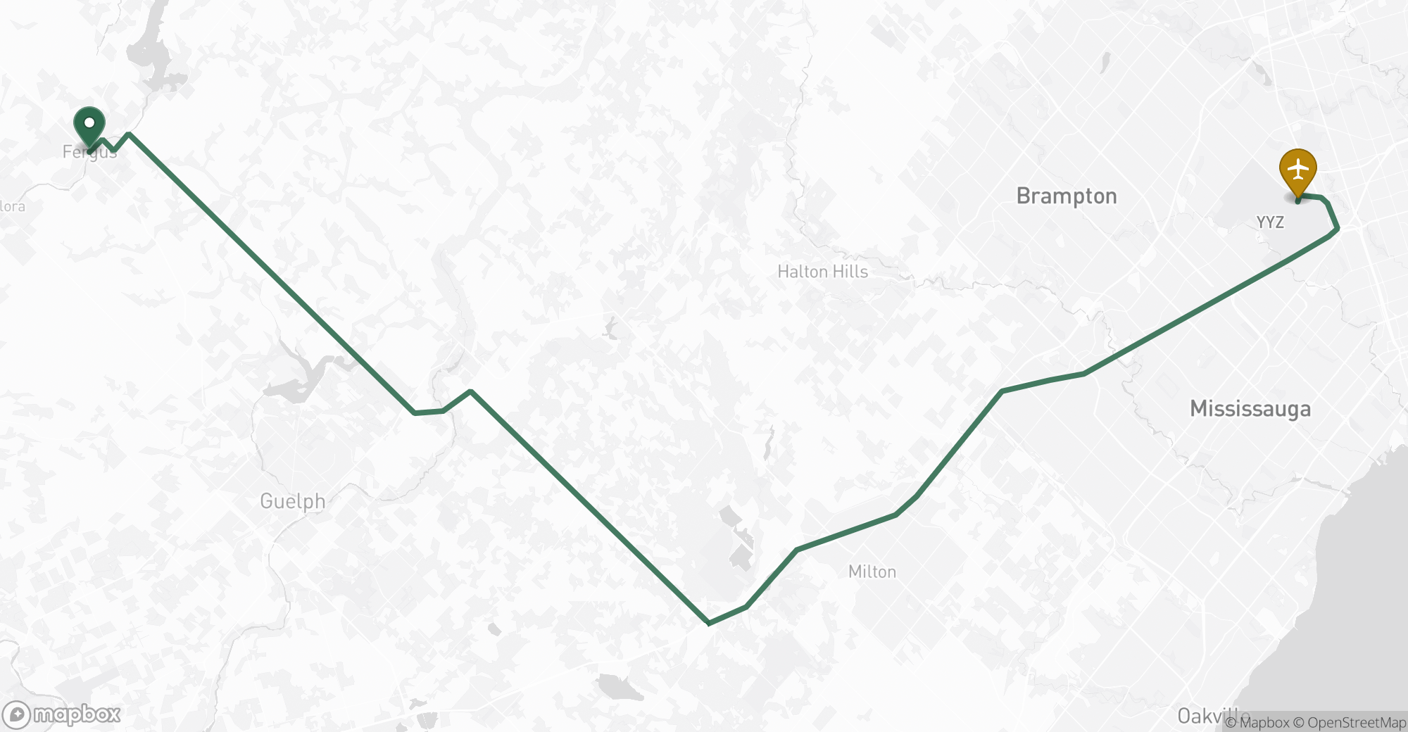 Driving route map from Fergus to Toronto Pearson (YYZ) airport