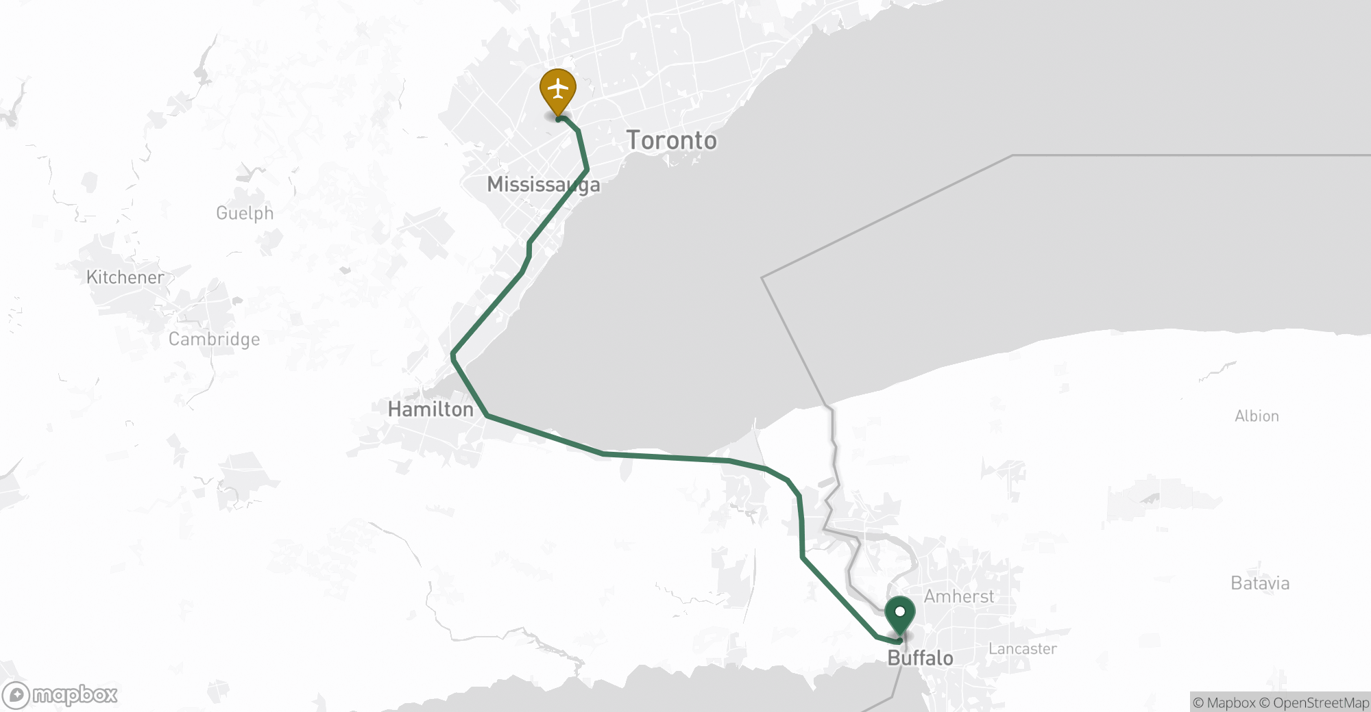 Driving route map from Fort Erie to Toronto Pearson (YYZ) airport