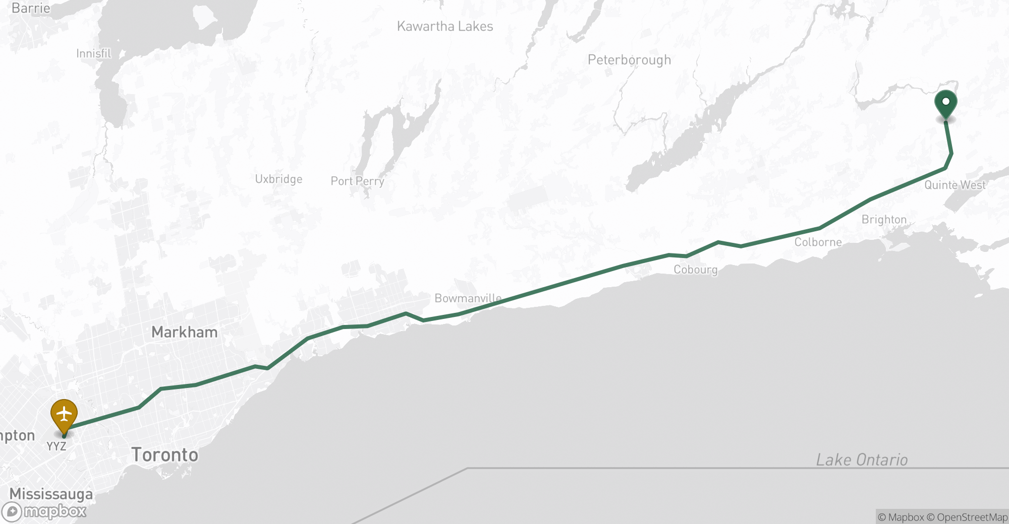 Driving route map from Frankford to Toronto Pearson (YYZ) airport