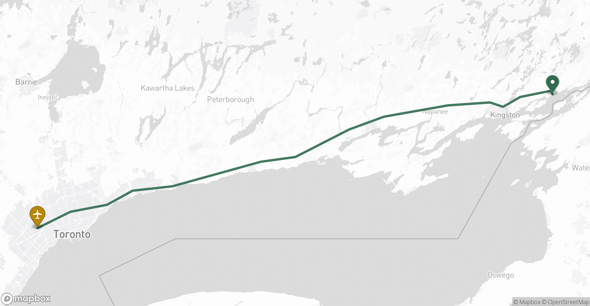 Driving route map from Gananoque to Toronto Pearson (YYZ) airport