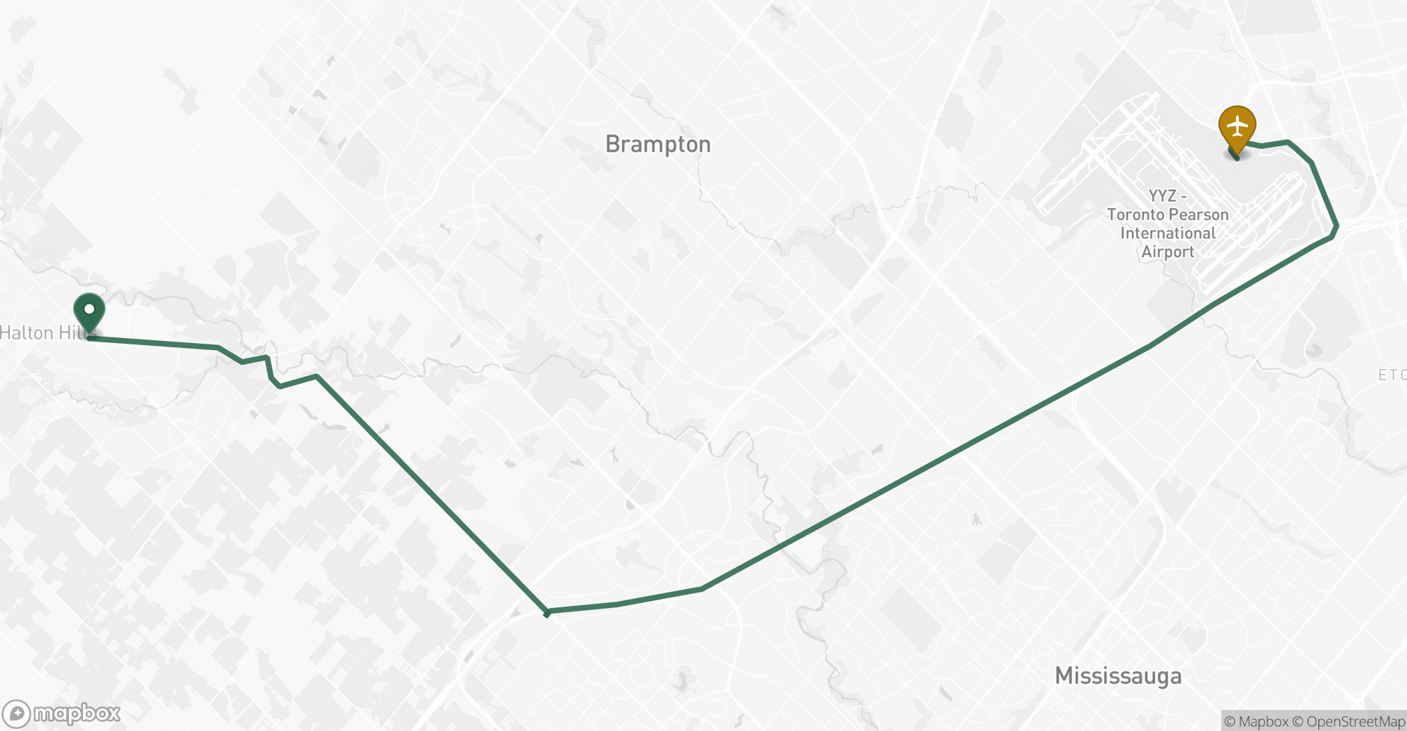 Driving route map from Georgetown to Toronto Pearson (YYZ) airport
