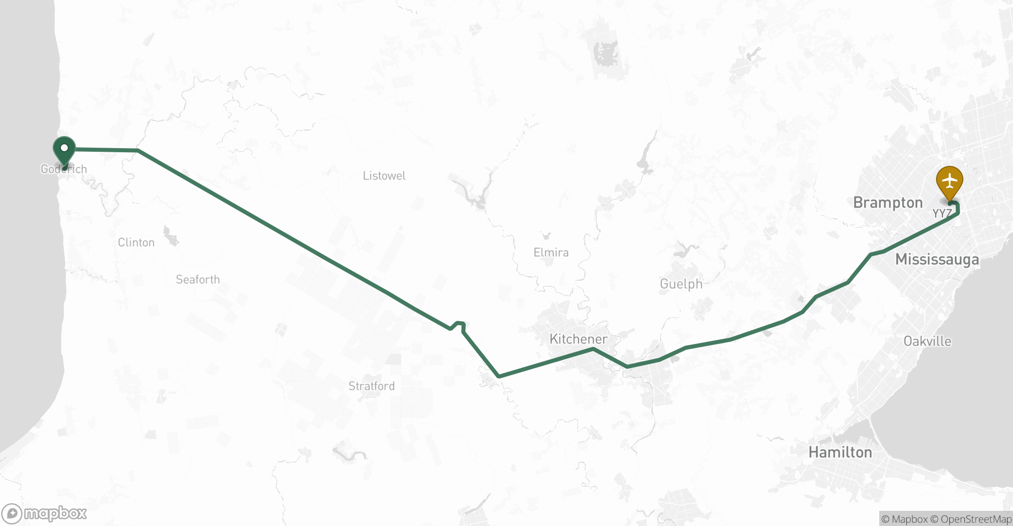 Driving route map from Goderich to Toronto Pearson (YYZ) airport