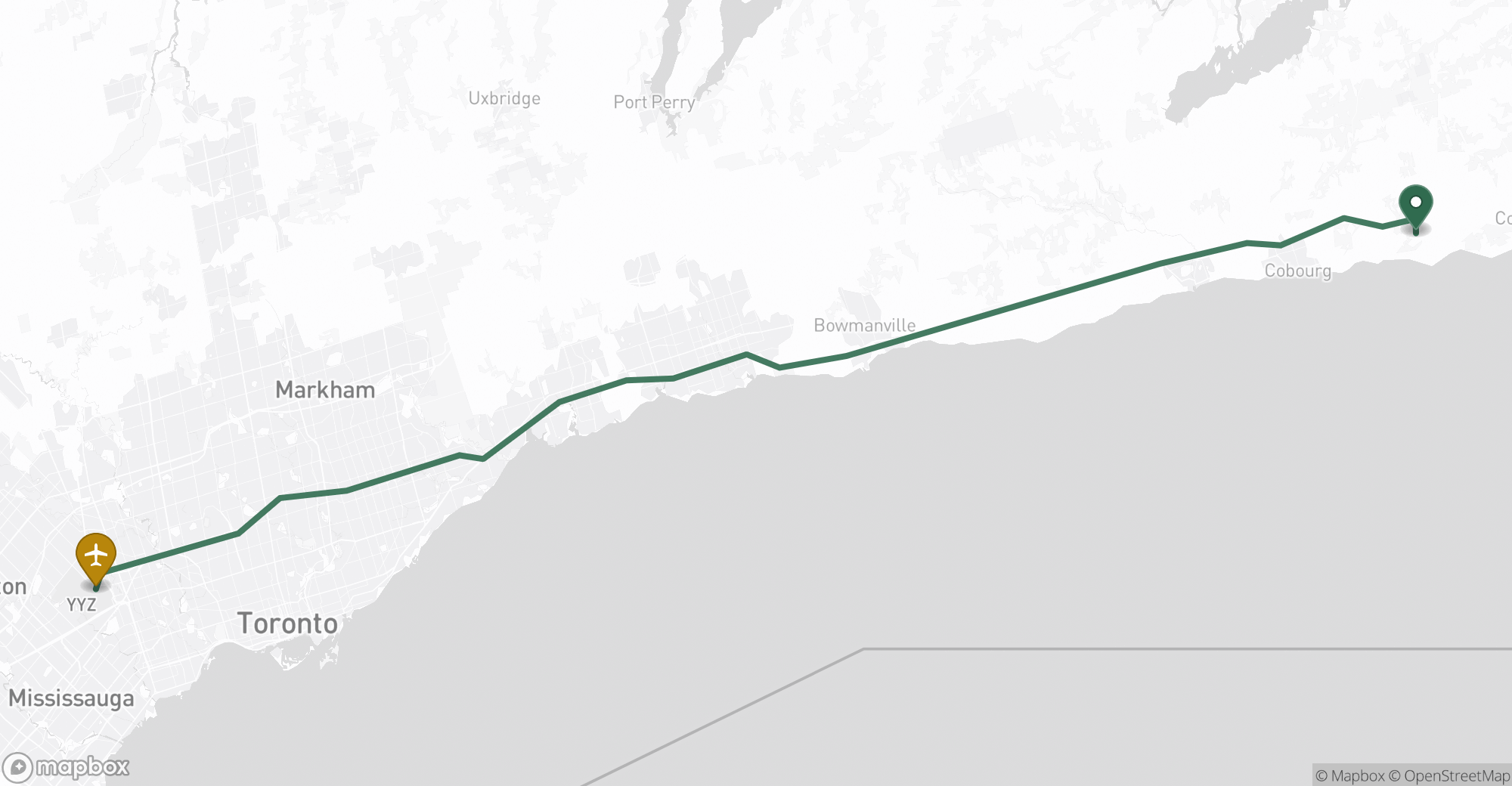 Driving route map from Grafton to Toronto Pearson (YYZ) airport