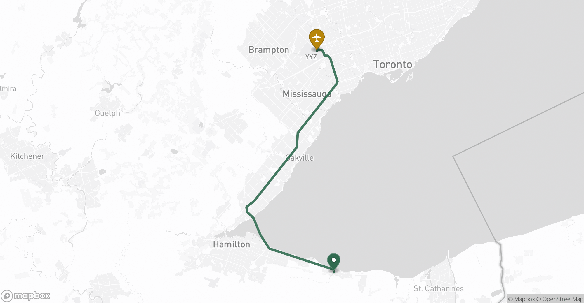 Driving route map from Grimsby to Toronto Pearson (YYZ) airport
