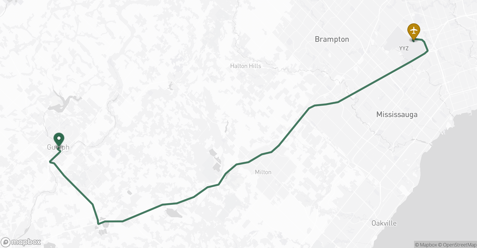 Driving route map from Guelph to Toronto Pearson (YYZ) airport
