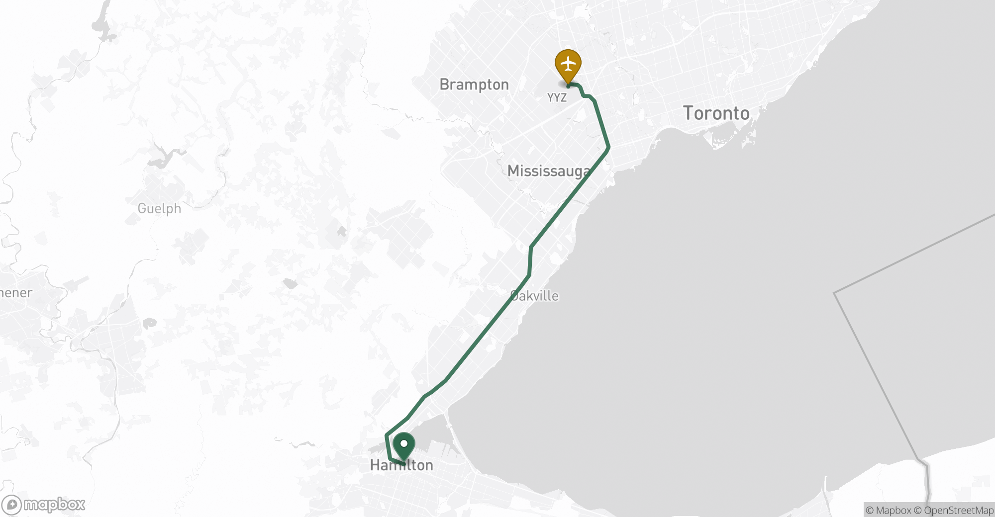 Driving route map from Hamilton to Toronto Pearson (YYZ) airport