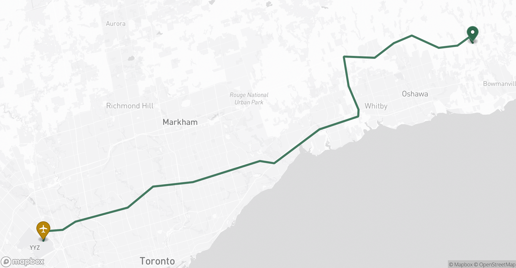 Driving route map from Hampton to Toronto Pearson (YYZ) airport