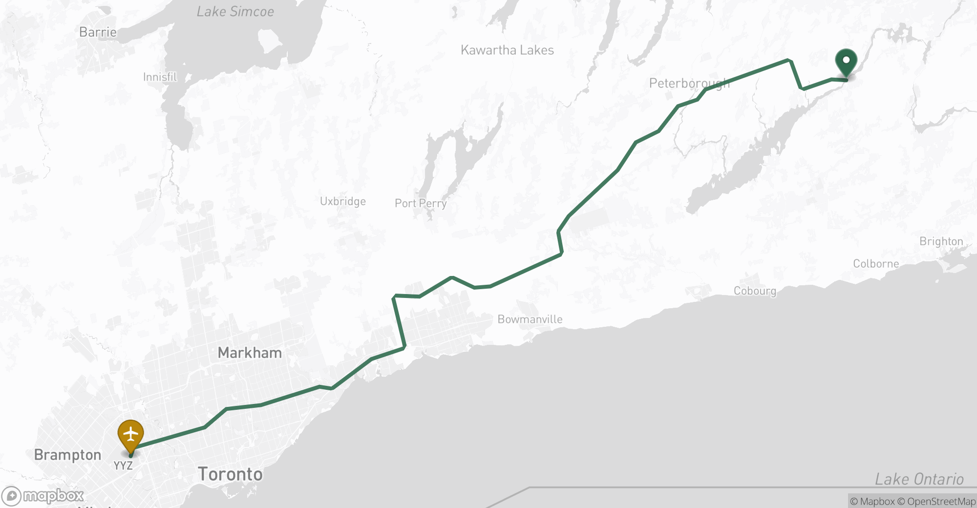 Driving route map from Hastings to Toronto Pearson (YYZ) airport