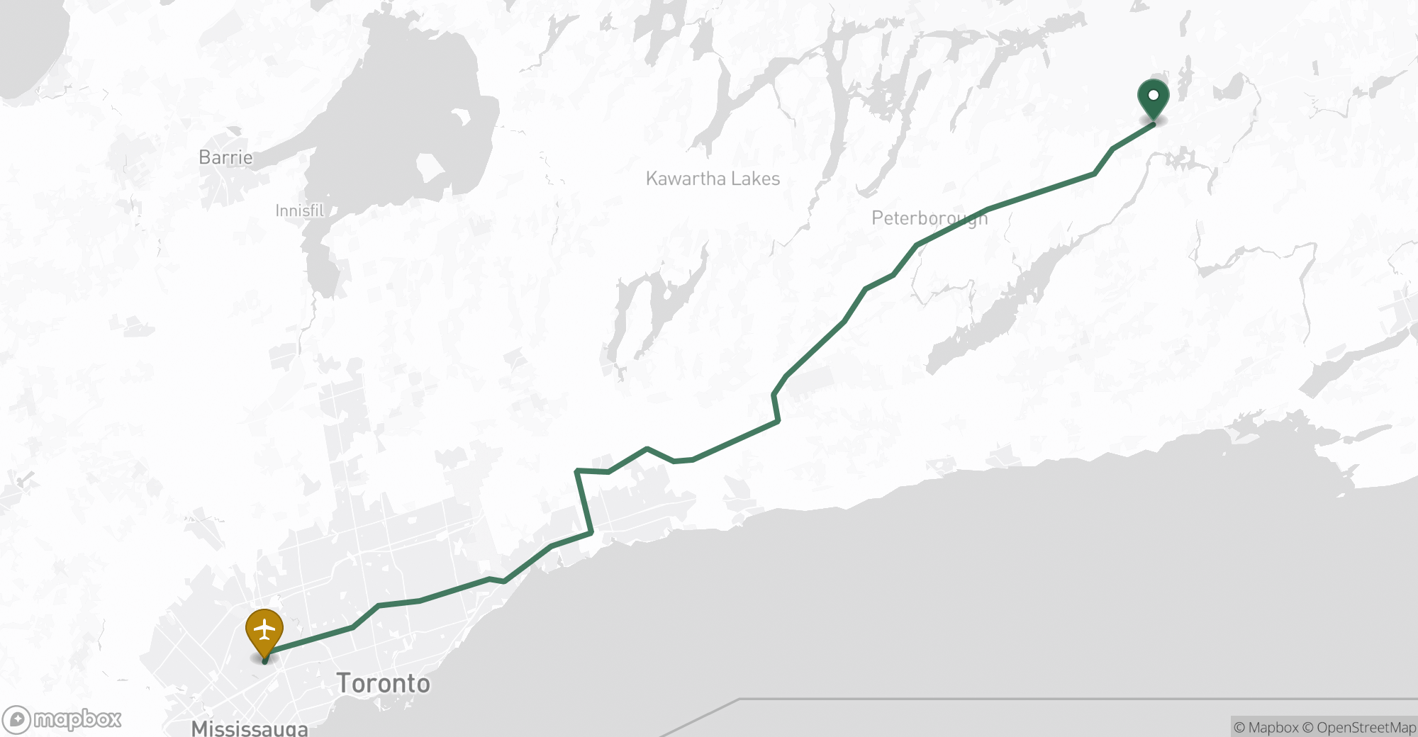 Driving route map from Havelock to Toronto Pearson (YYZ) airport