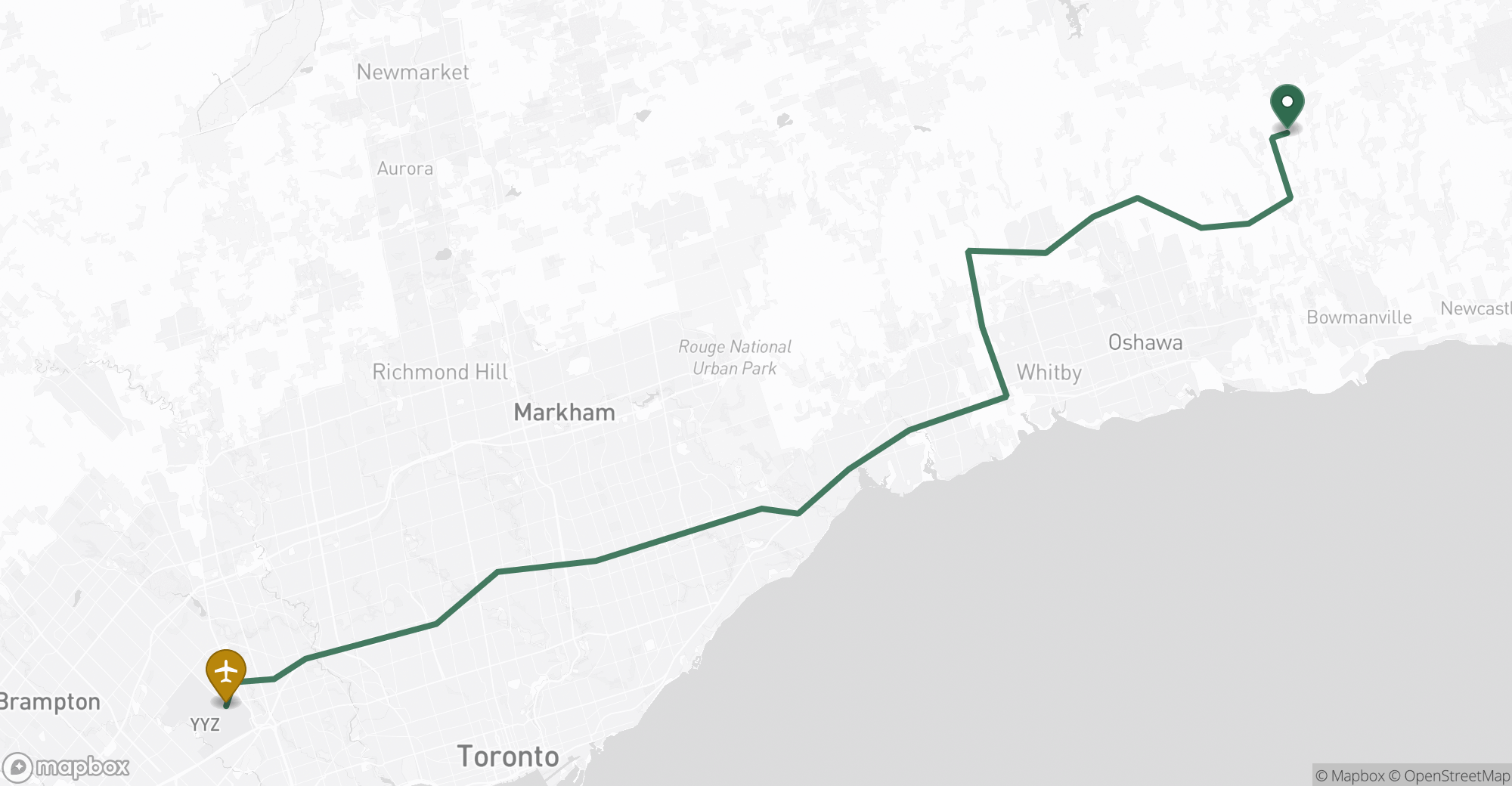 Driving route map from Haydon to Toronto Pearson (YYZ) airport