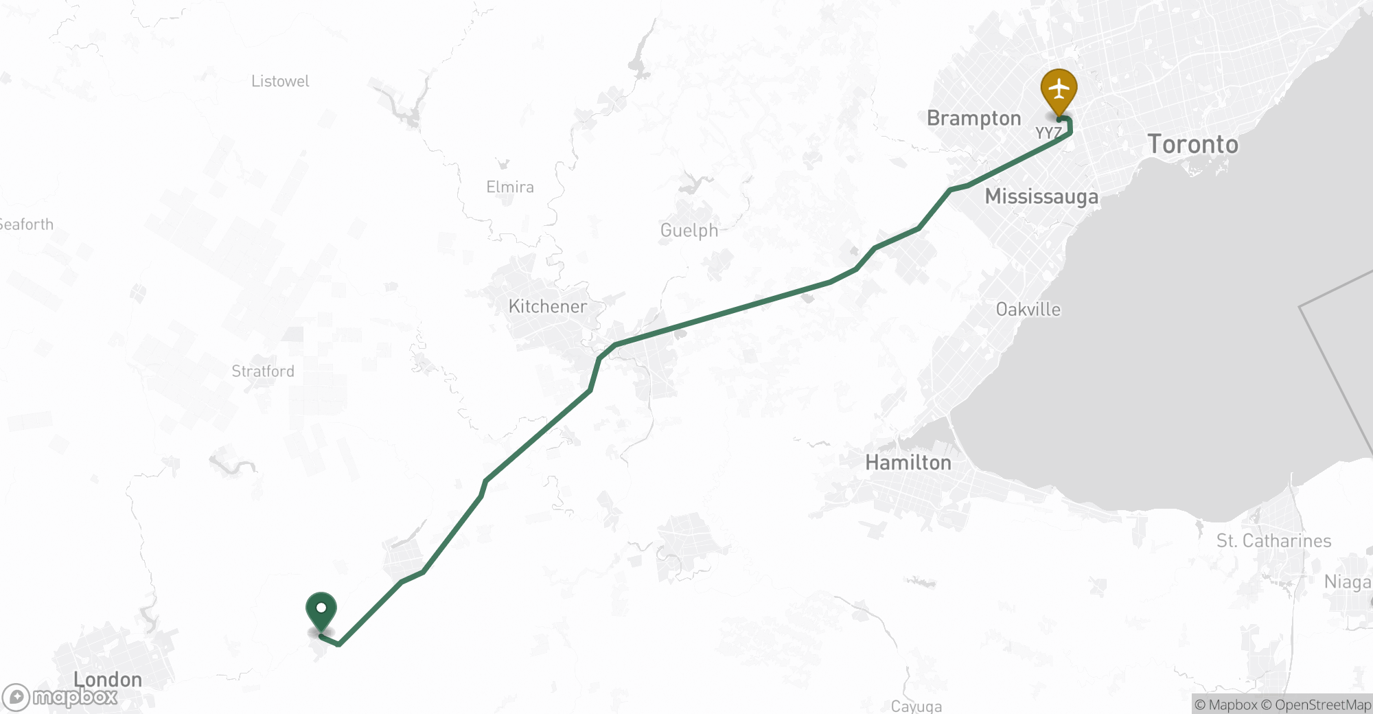 Driving route map from Ingersoll to Toronto Pearson (YYZ) airport