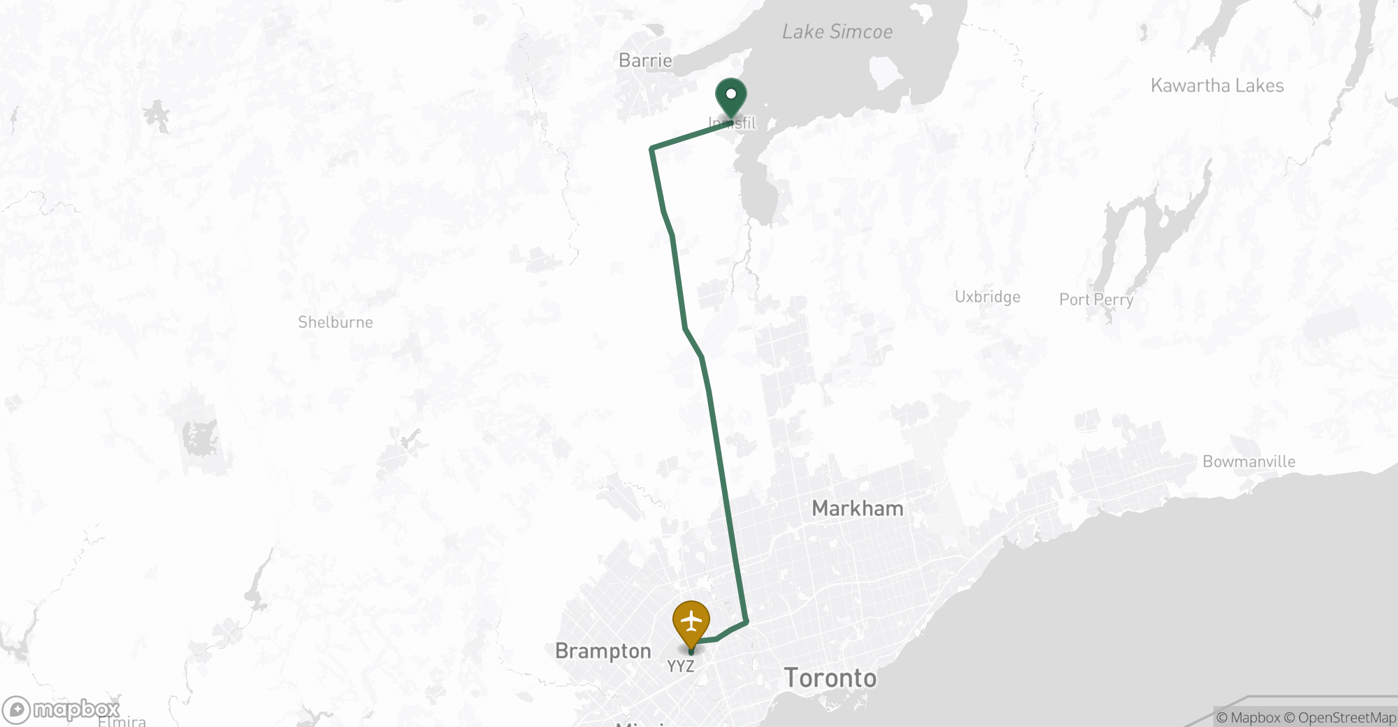 Driving route map from Innisfil to Toronto Pearson (YYZ) airport