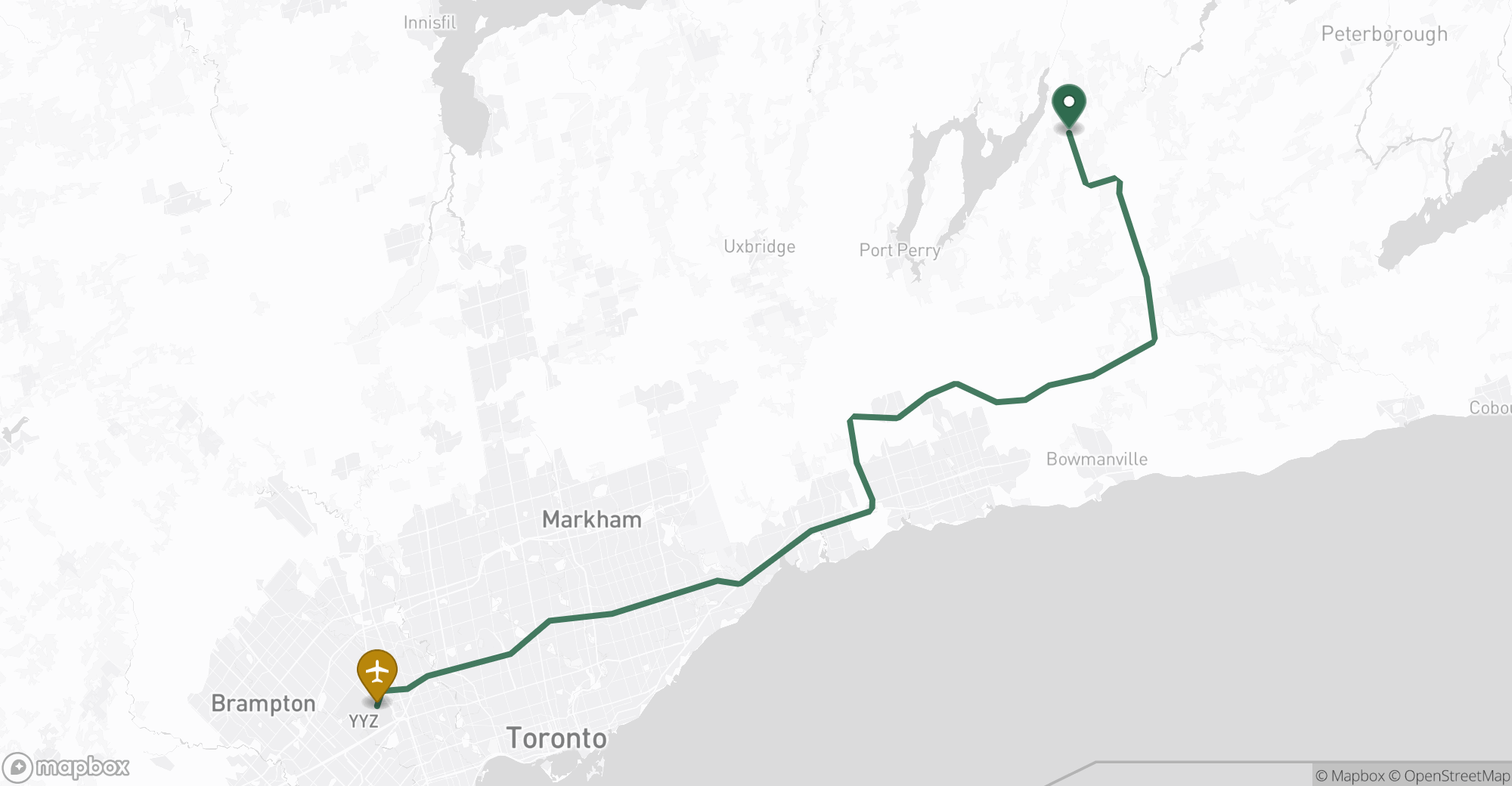 Driving route map from Janetville to Toronto Pearson (YYZ) airport