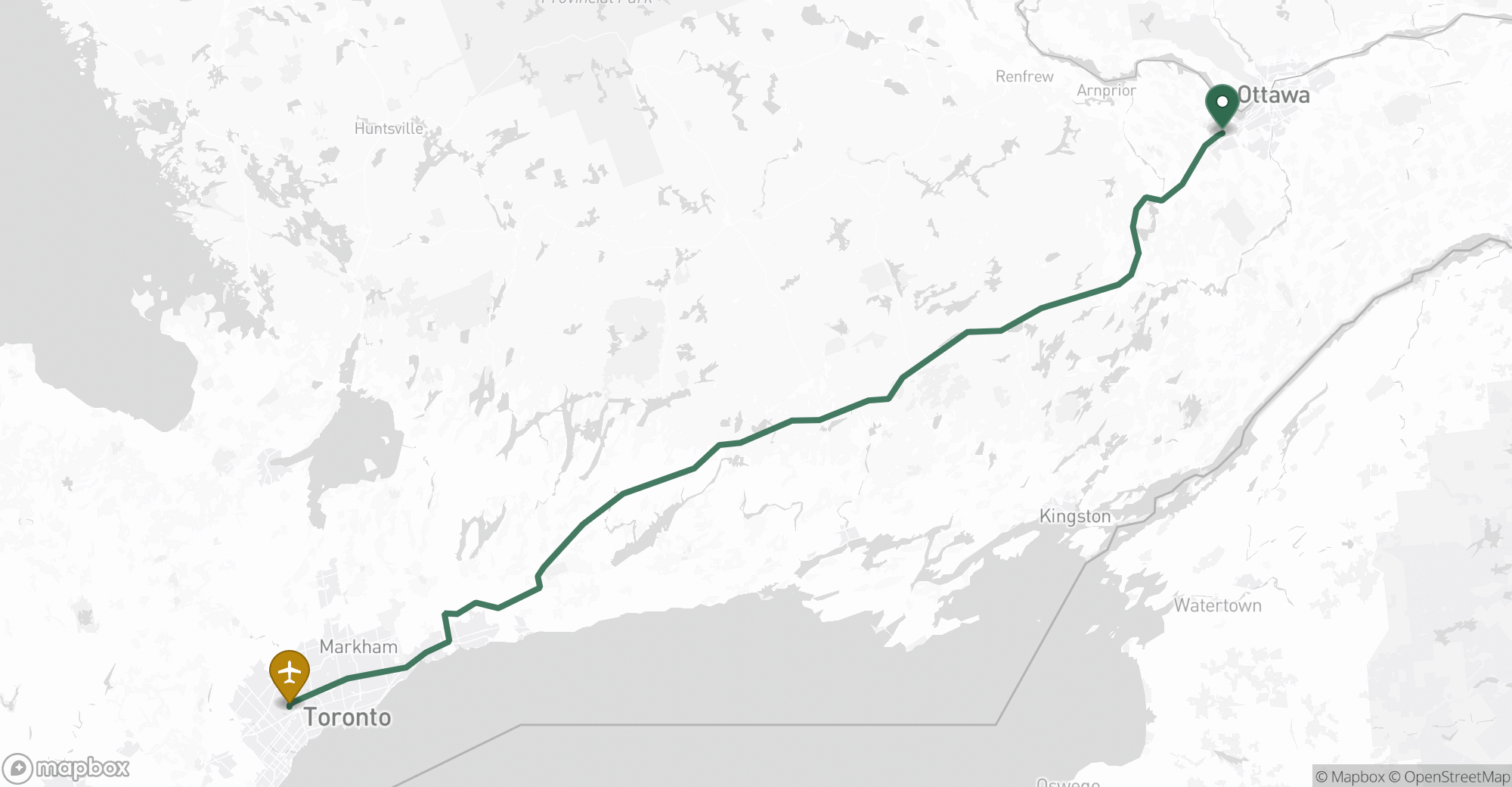 Driving route map from Kanata to Toronto Pearson (YYZ) airport