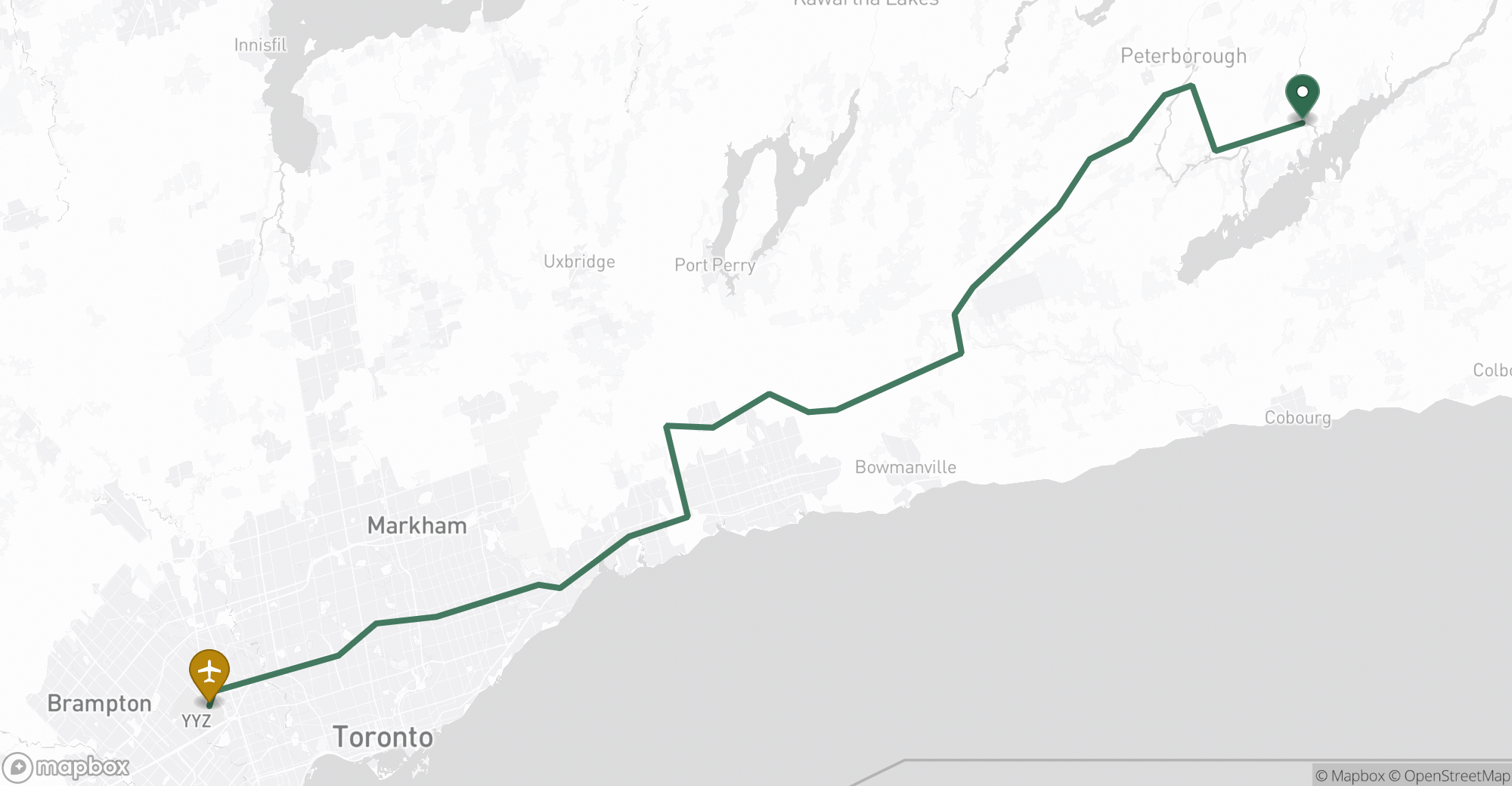 Driving route map from Keene to Toronto Pearson (YYZ) airport
