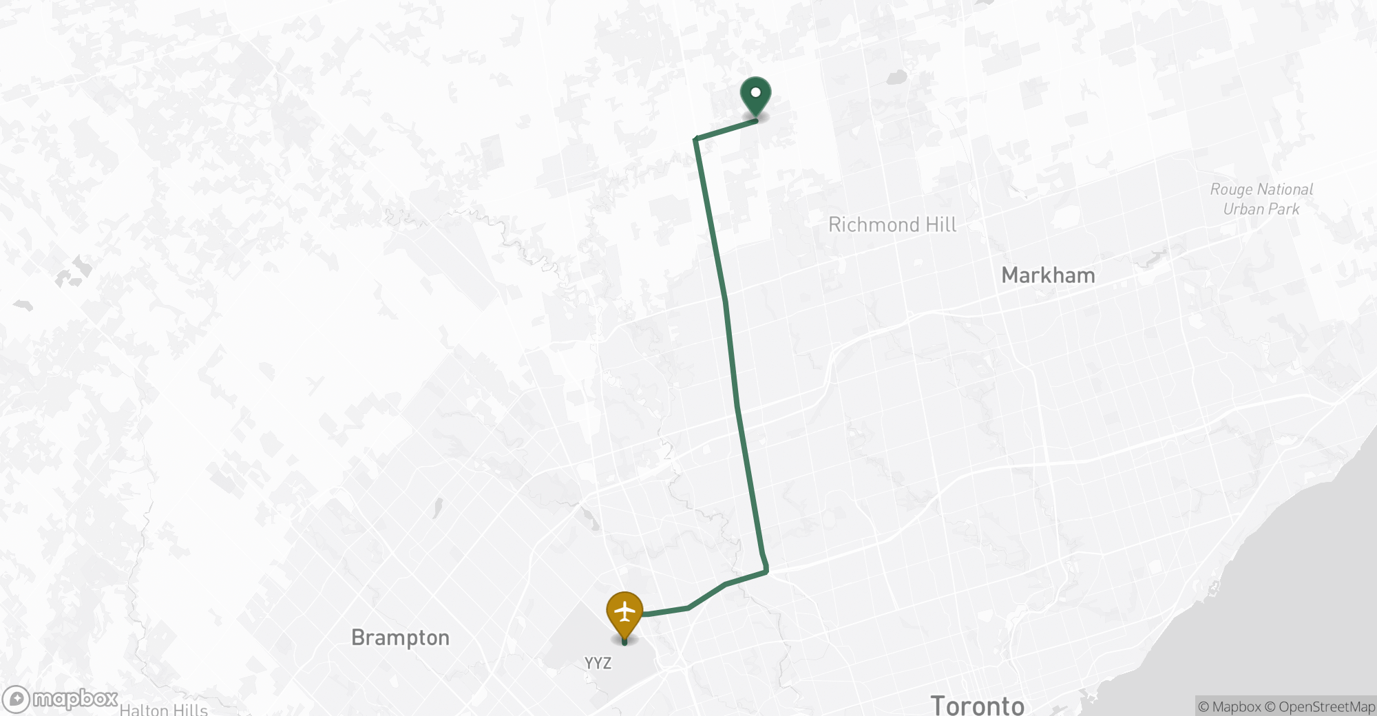 Driving route map from King City to Toronto Pearson (YYZ) airport