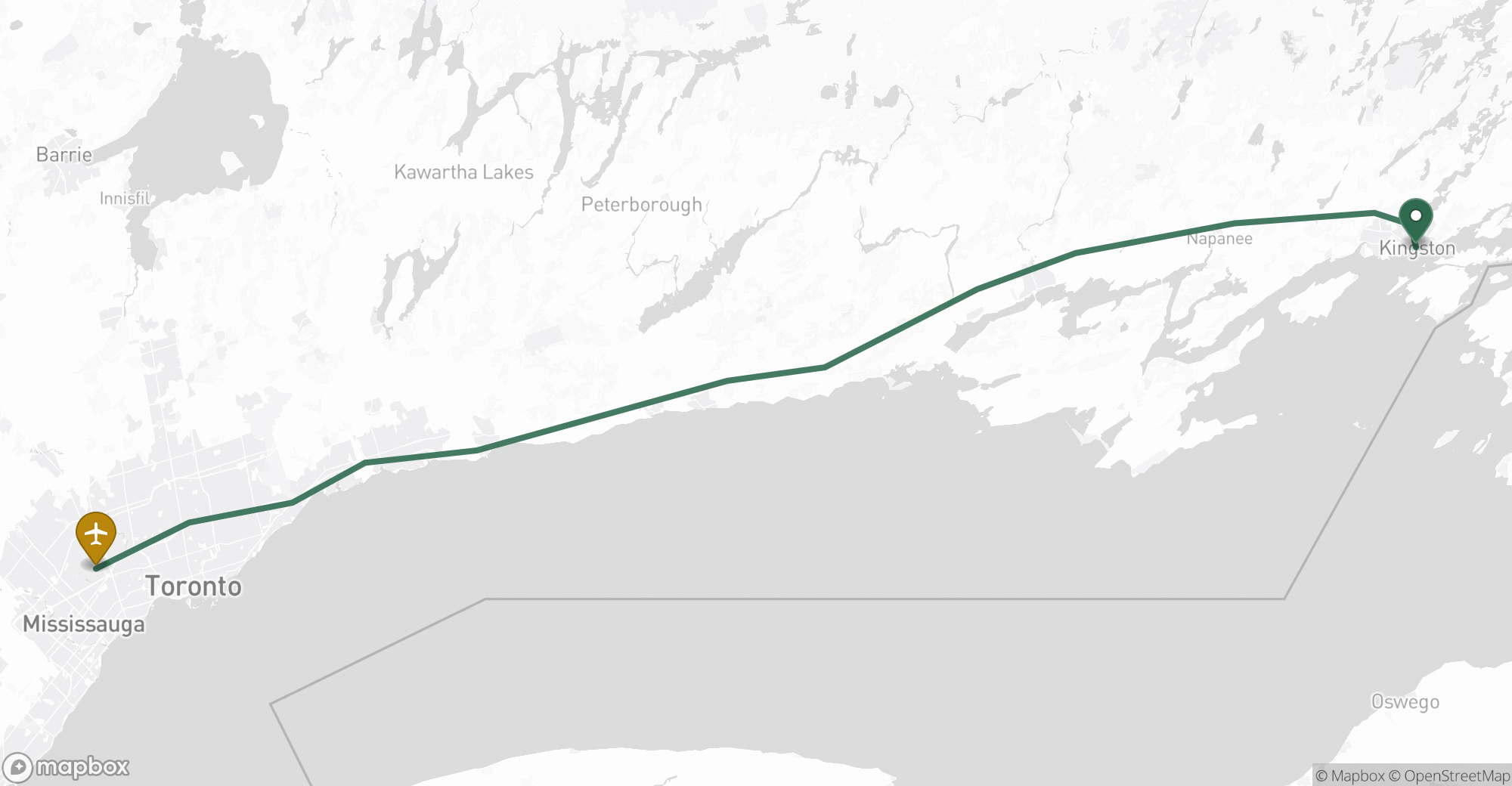Driving route map from Kingston to Toronto Pearson (YYZ) airport