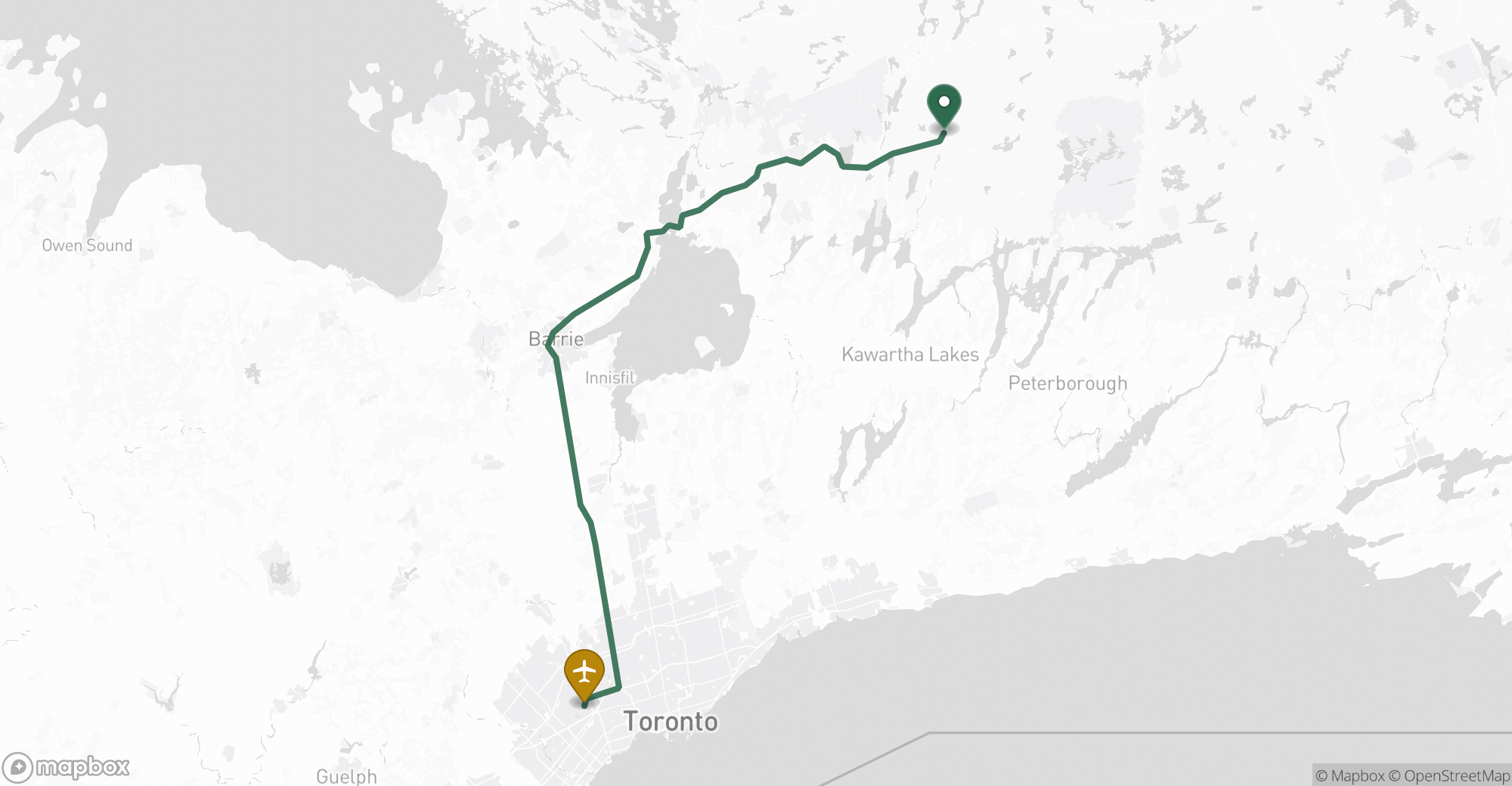 Driving route map from Kinmount to Toronto Pearson (YYZ) airport