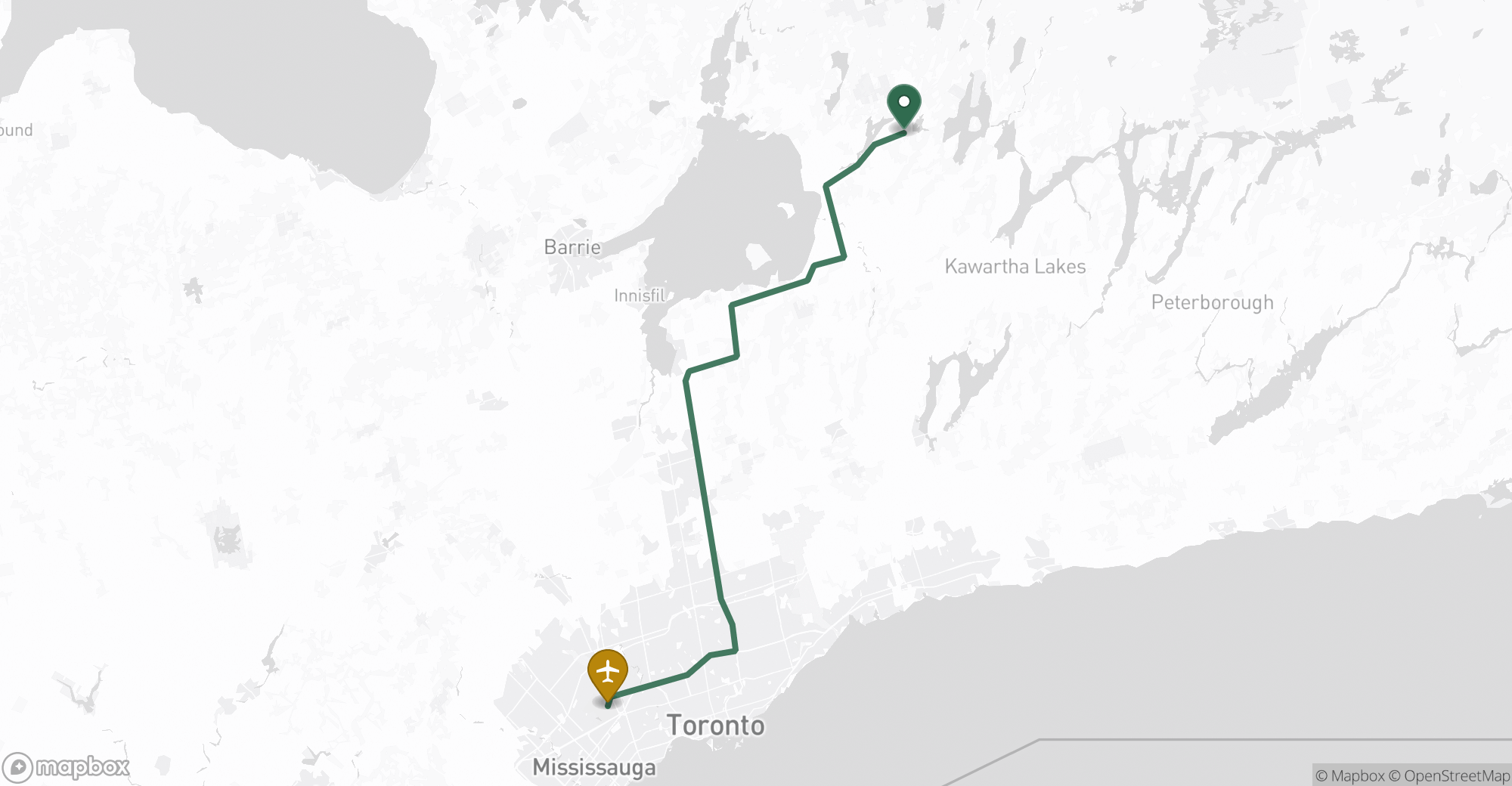 Driving route map from Kirkfield to Toronto Pearson (YYZ) airport