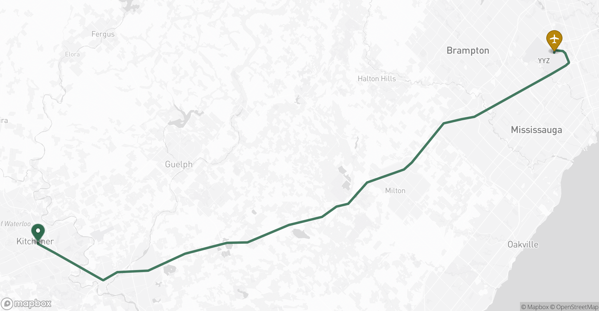 Driving route map from Kitchener to Toronto Pearson (YYZ) airport