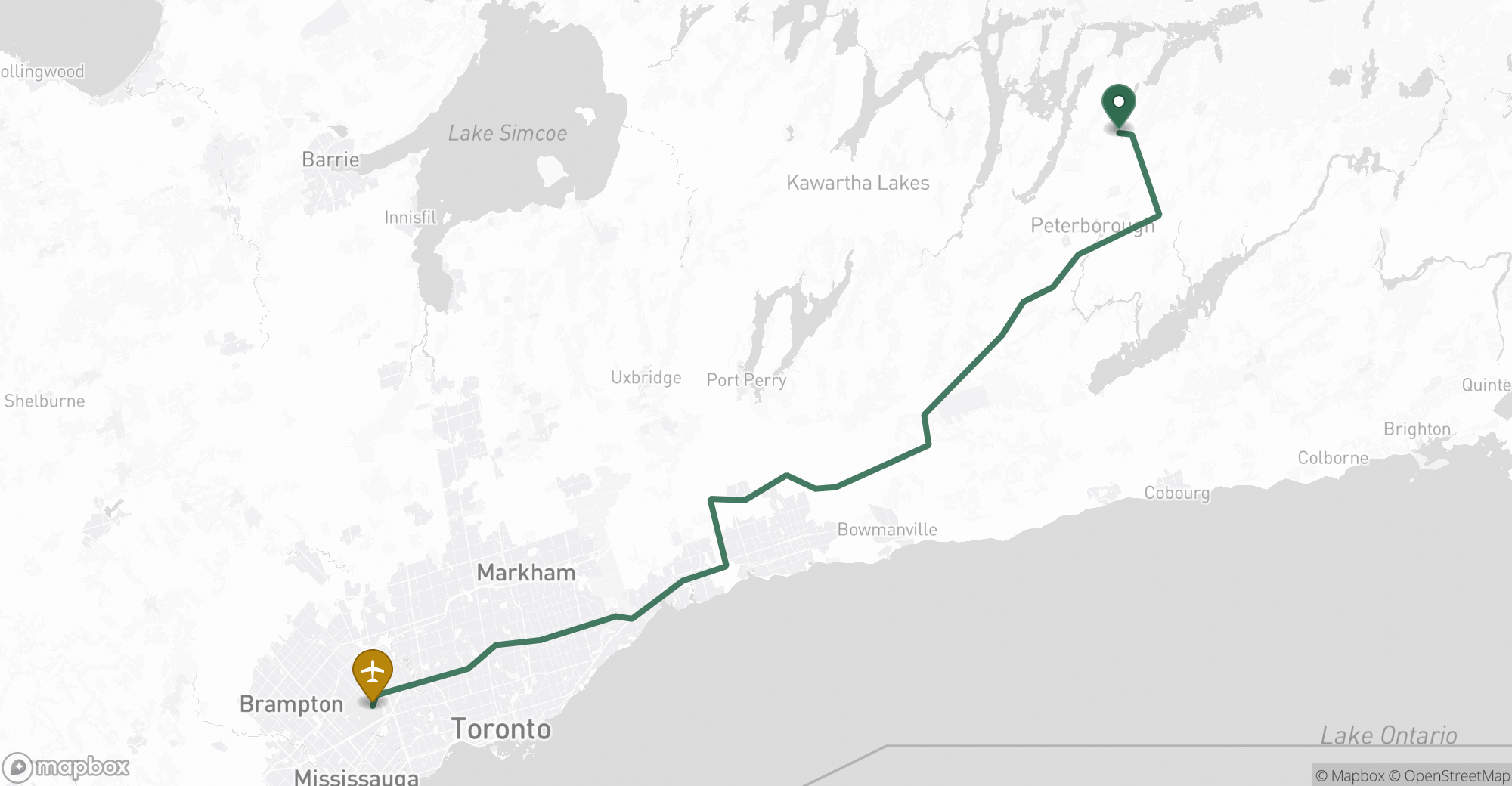 Driving route map from Lakefield to Toronto Pearson (YYZ) airport