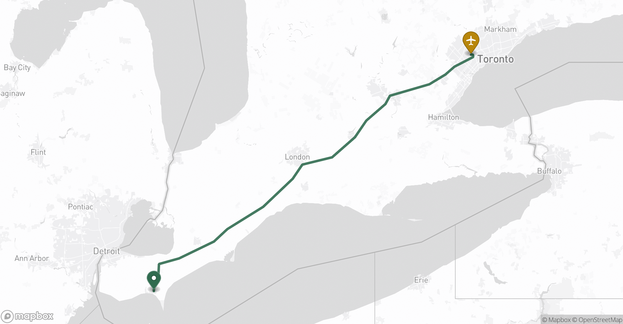 Driving route map from Leamington to Toronto Pearson (YYZ) airport