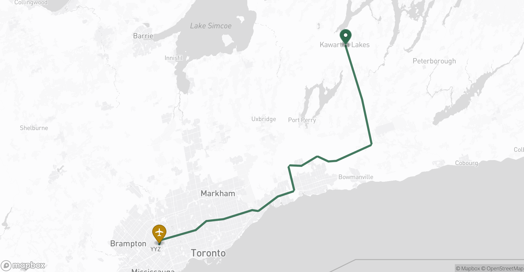 Driving route map from Lindsay to Toronto Pearson (YYZ) airport